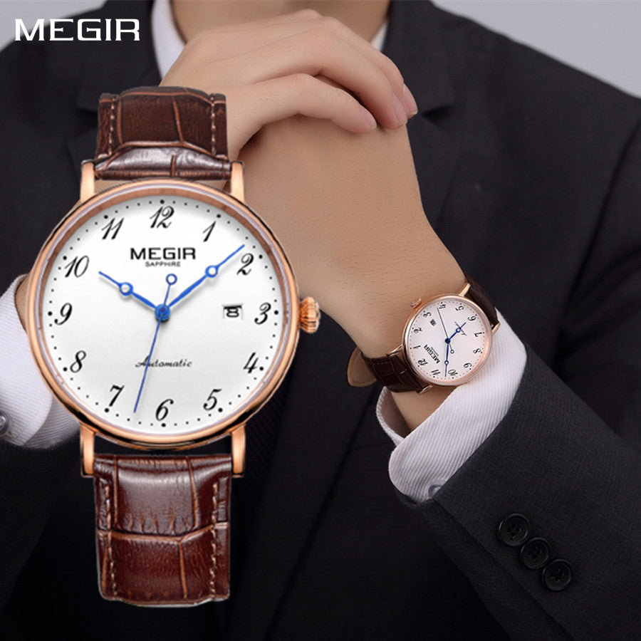 MEGIR Luxury Automatic Mechanical Watch for Men Large Dial Sapphire Leather Strap Male Wristwatch Sports Waterproof Date Clock 62012-0