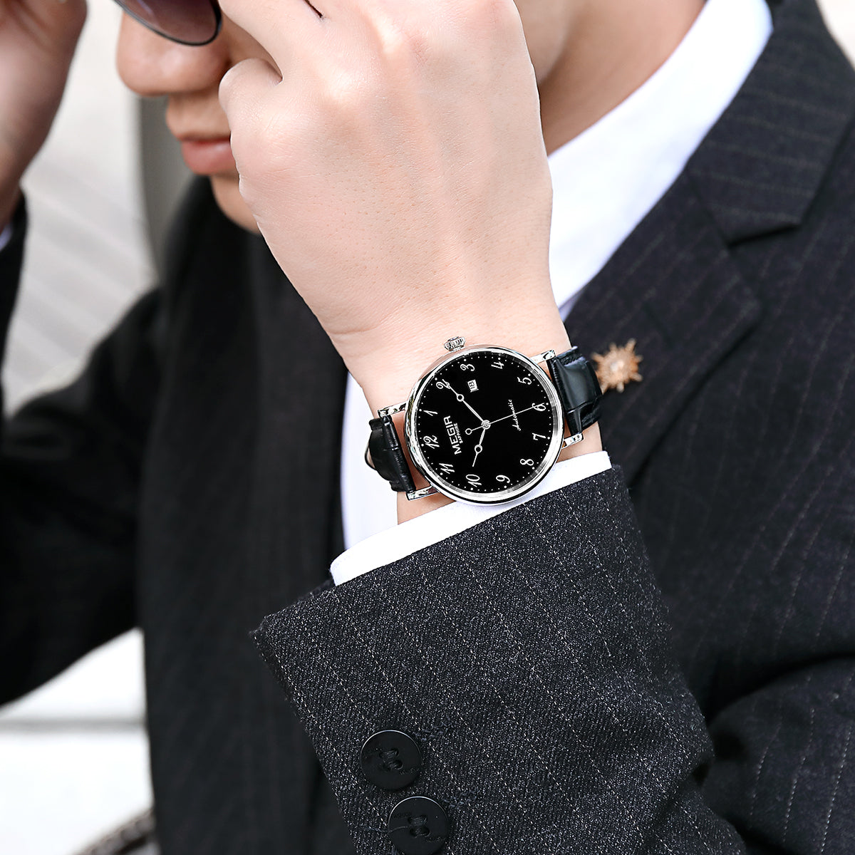 MEGIR Luxury Automatic Mechanical Watch for Men Large Dial Sapphire Leather Strap Male Wristwatch Sports Waterproof Date Clock 62012-3