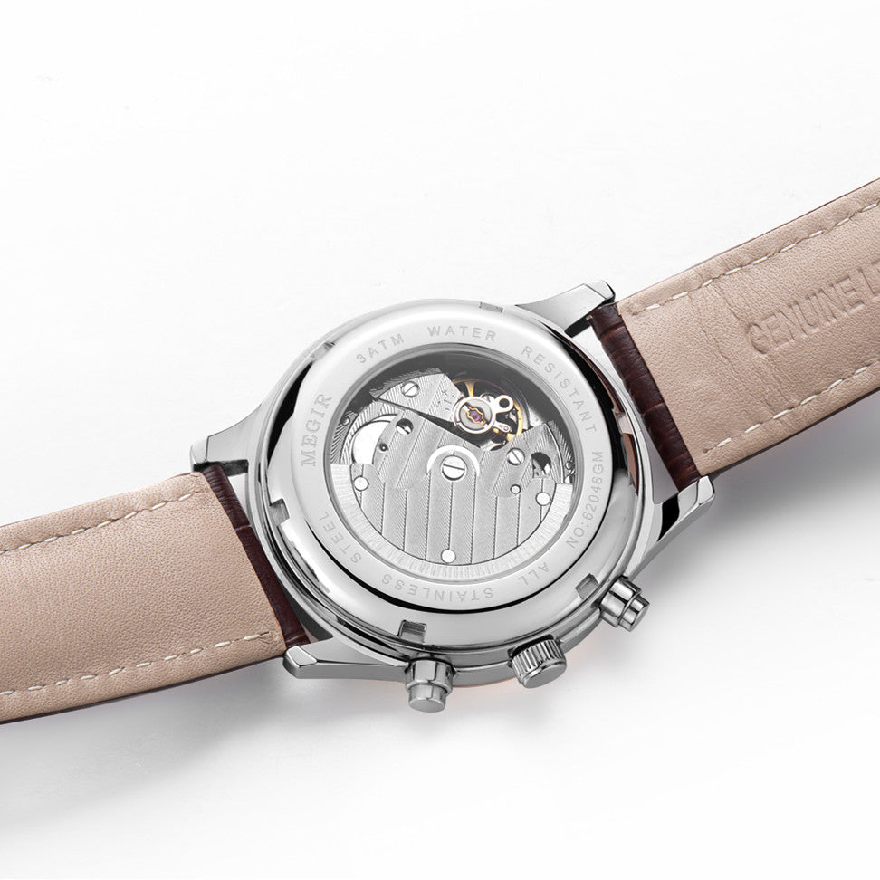 MEGIR Men Automatic Mechanical Watches Moon Phase Brown Leather Casual Business Wristwatch Sapphire Date Clock Montre Homme 62046-7