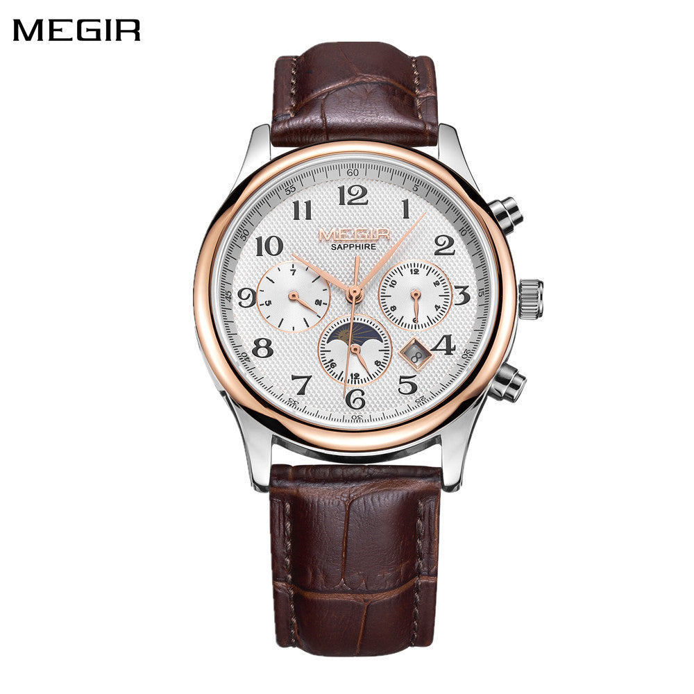MEGIR Men Automatic Mechanical Watches Moon Phase Brown Leather Casual Business Wristwatch Sapphire Date Clock Montre Homme 62046-0