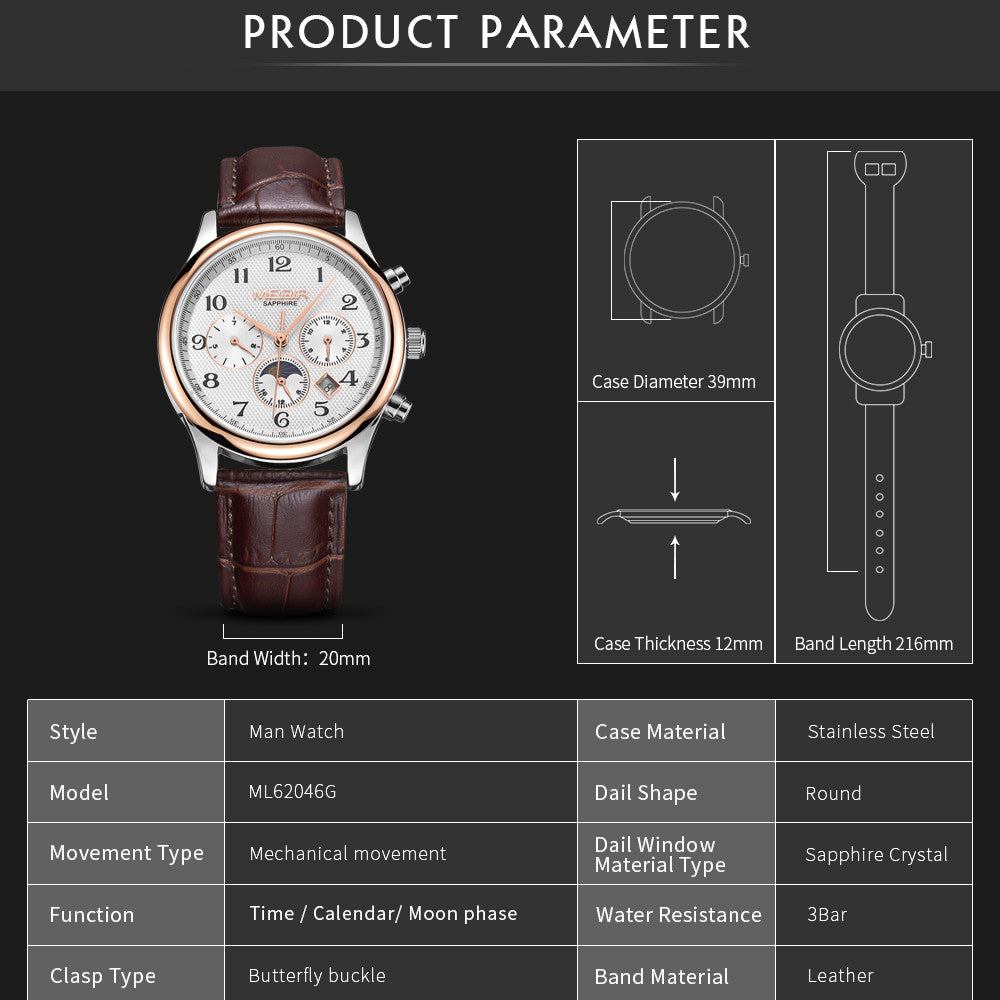 MEGIR Men Automatic Mechanical Watches Moon Phase Brown Leather Casual Business Wristwatch Sapphire Date Clock Montre Homme 62046-3