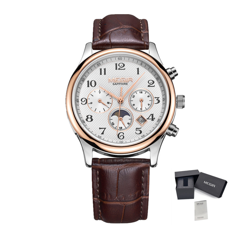MEGIR Men Automatic Mechanical Watches Moon Phase Brown Leather Casual Business Wristwatch Sapphire Date Clock Montre Homme 62046-8