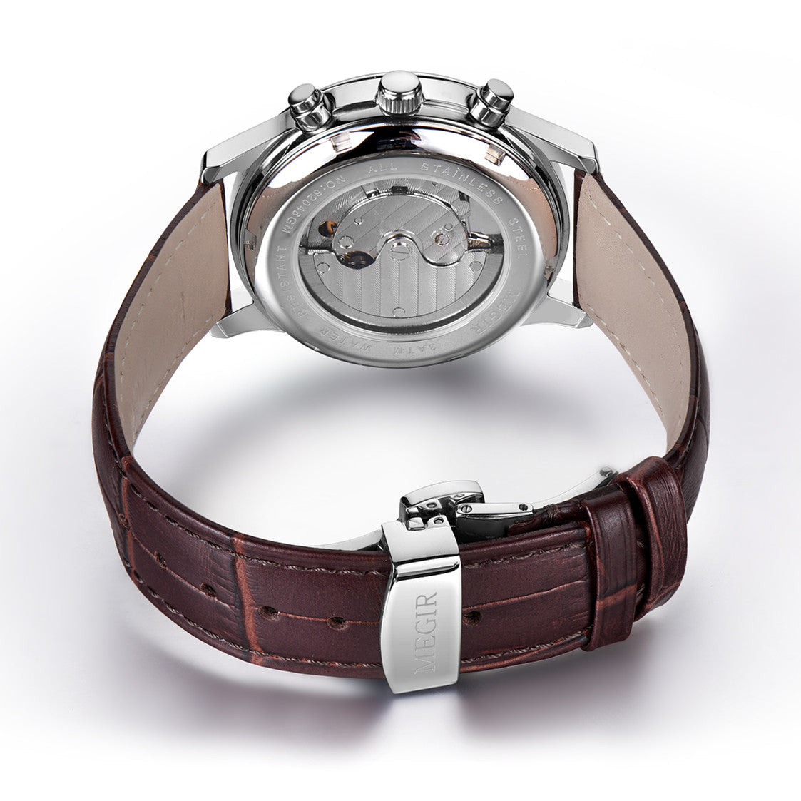 MEGIR Men Automatic Mechanical Watches Moon Phase Brown Leather Casual Business Wristwatch Sapphire Date Clock Montre Homme 62046-6