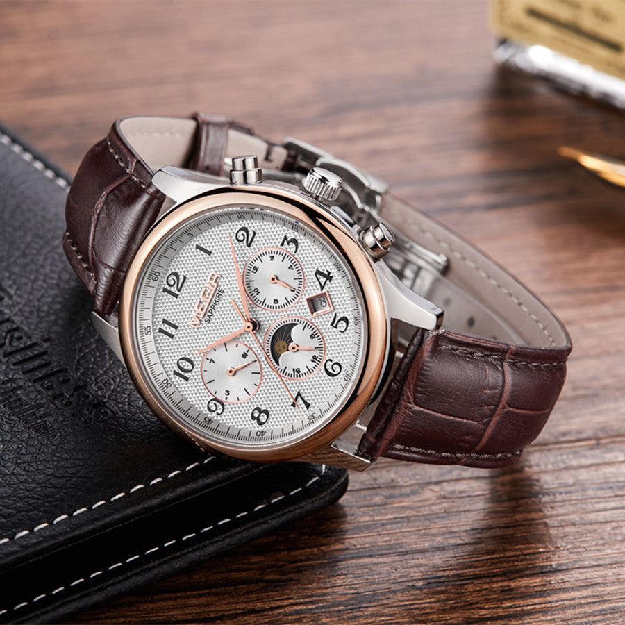 MEGIR Men Automatic Mechanical Watches Moon Phase Brown Leather Casual Business Wristwatch Sapphire Date Clock Montre Homme 62046-1