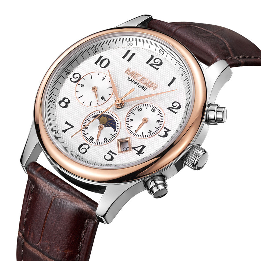 MEGIR Men Automatic Mechanical Watches Moon Phase Brown Leather Casual Business Wristwatch Sapphire Date Clock Montre Homme 62046-4