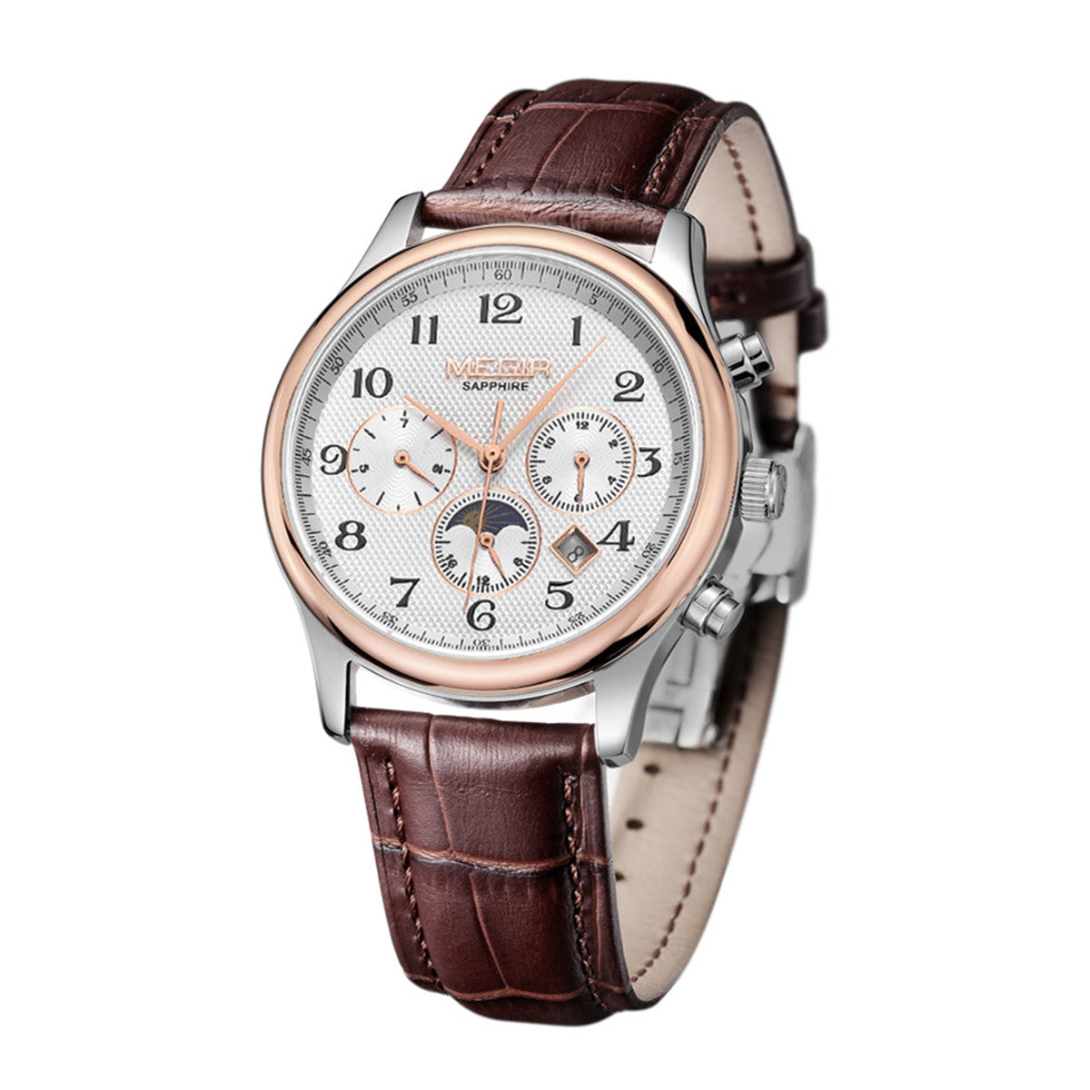 MEGIR Men Automatic Mechanical Watches Moon Phase Brown Leather Casual Business Wristwatch Sapphire Date Clock Montre Homme 62046-5