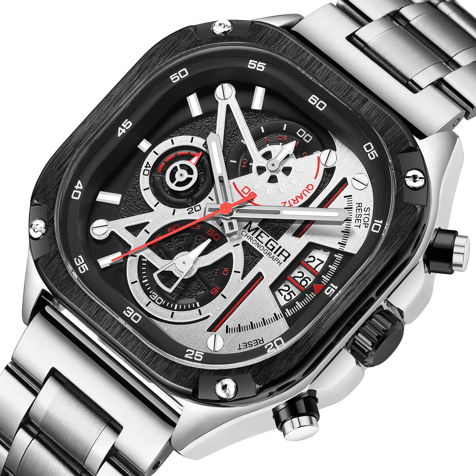 MEGIR Luxury Mens Stainless Steel Watches Fashion Brand Business Quartz Wristwatch Date Luminous Man Chronograph Casual Clock-15