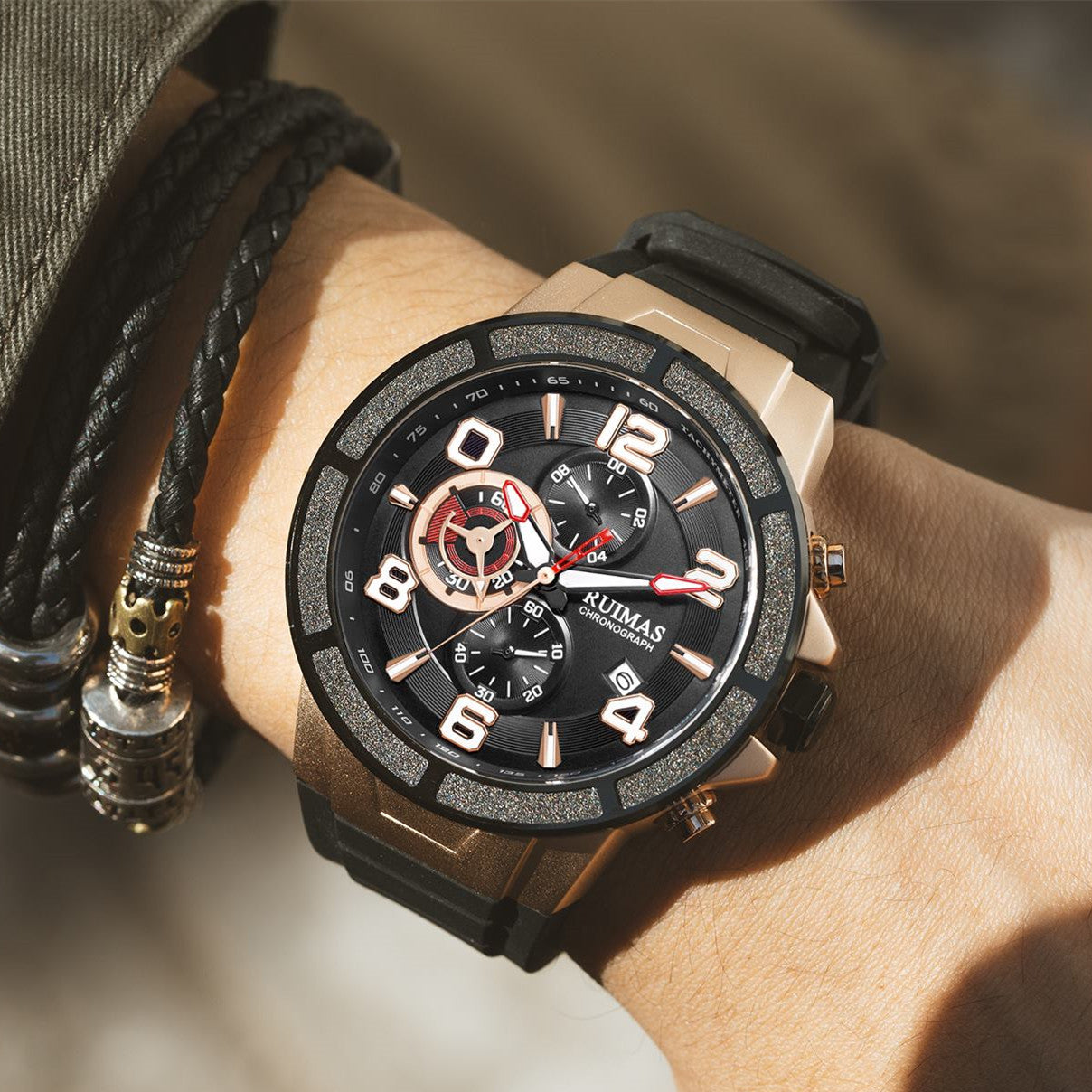 RUIMAS Chronograph Top Brand Luxury Quartz Watches for Men Waterproof Silicone Sports Clock Wristwatch Calendar Montre Homme 587-4