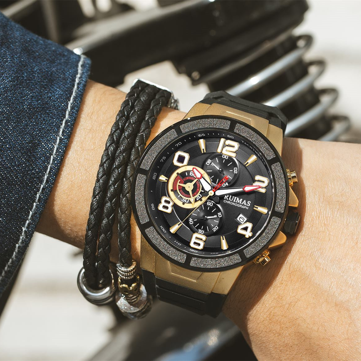 RUIMAS Chronograph Top Brand Luxury Quartz Watches for Men Waterproof Silicone Sports Clock Wristwatch Calendar Montre Homme 587-5