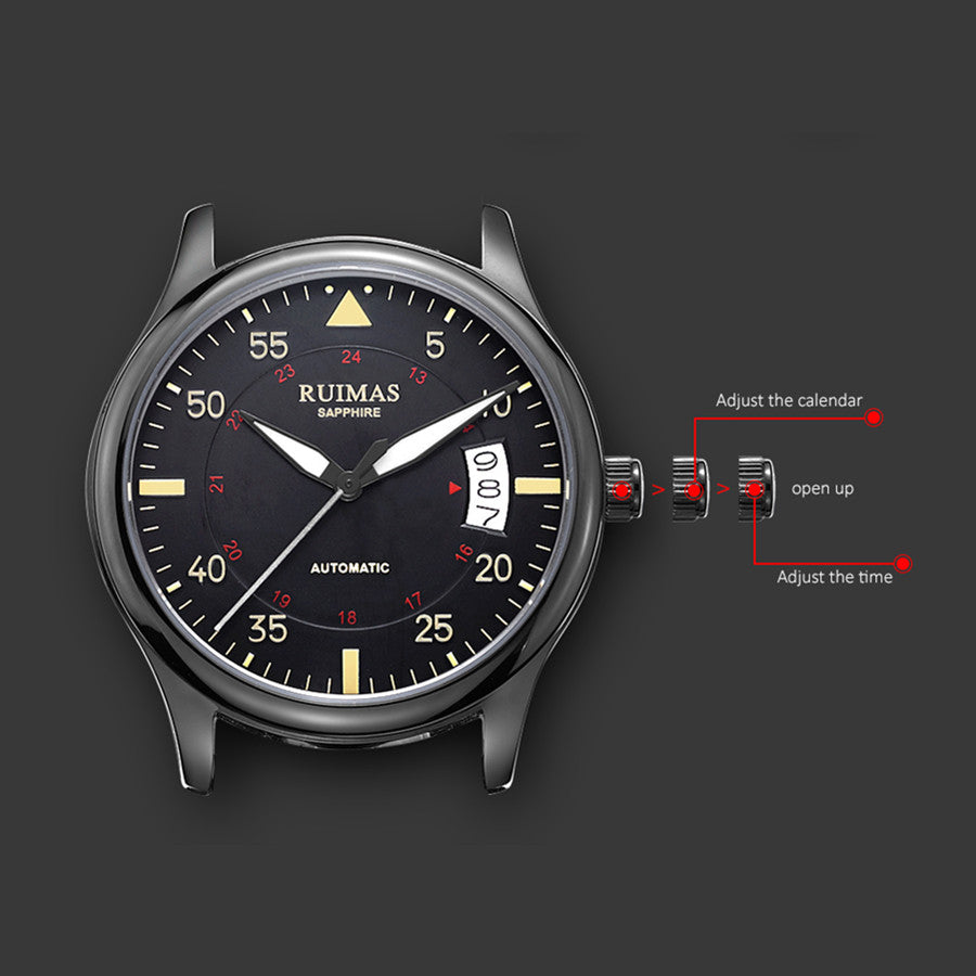 RUIMAS Men Watches Fashion Automatic Mechanical Watch Date Waterproof Business Clock Leather Strap Wristwatch 6725-6