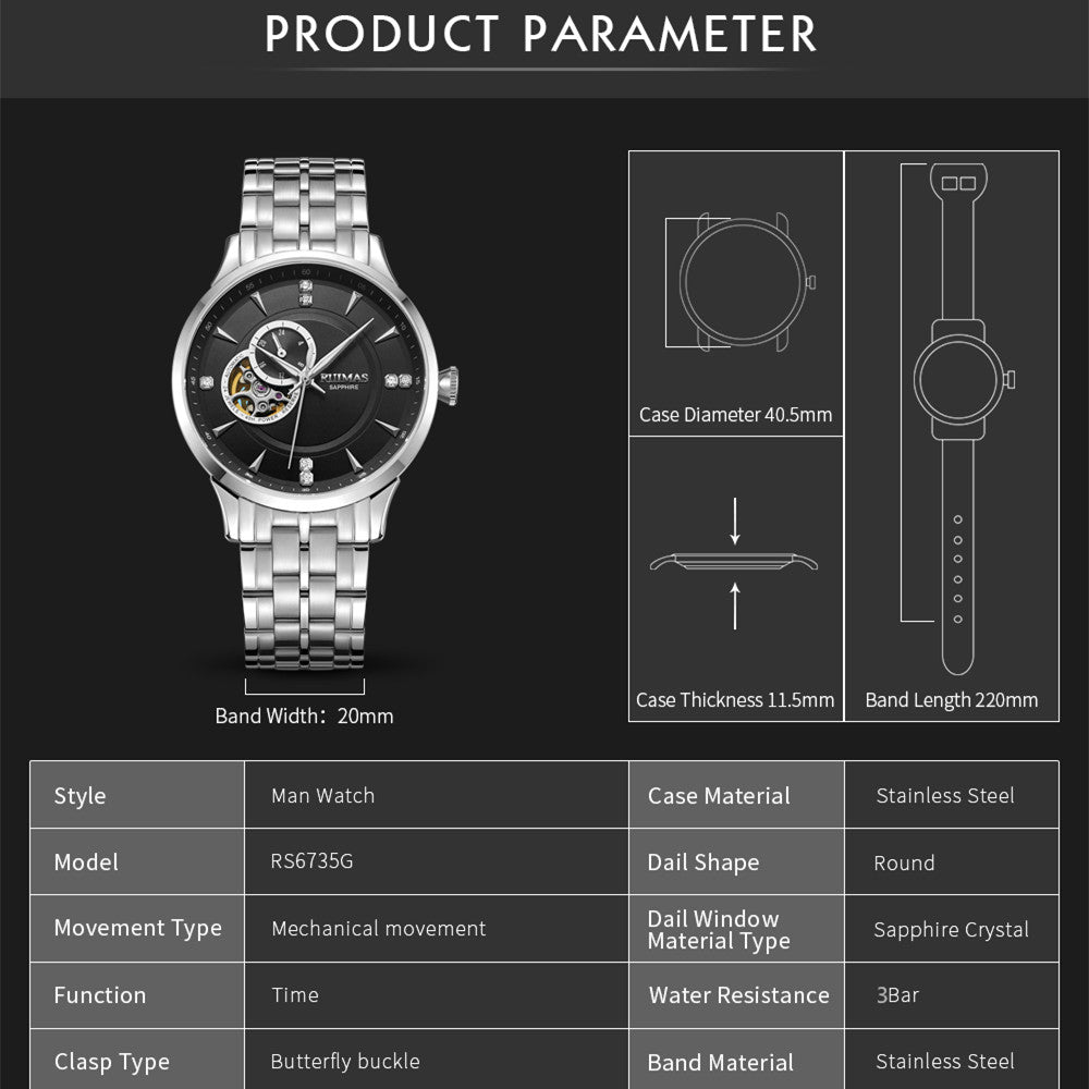 RUIMAS Gold Men Watch Luxury Stainless Steel Automatic Mechanical Watches Sapphire Glass Waterproof Wristwatch Relogio Masculino-4