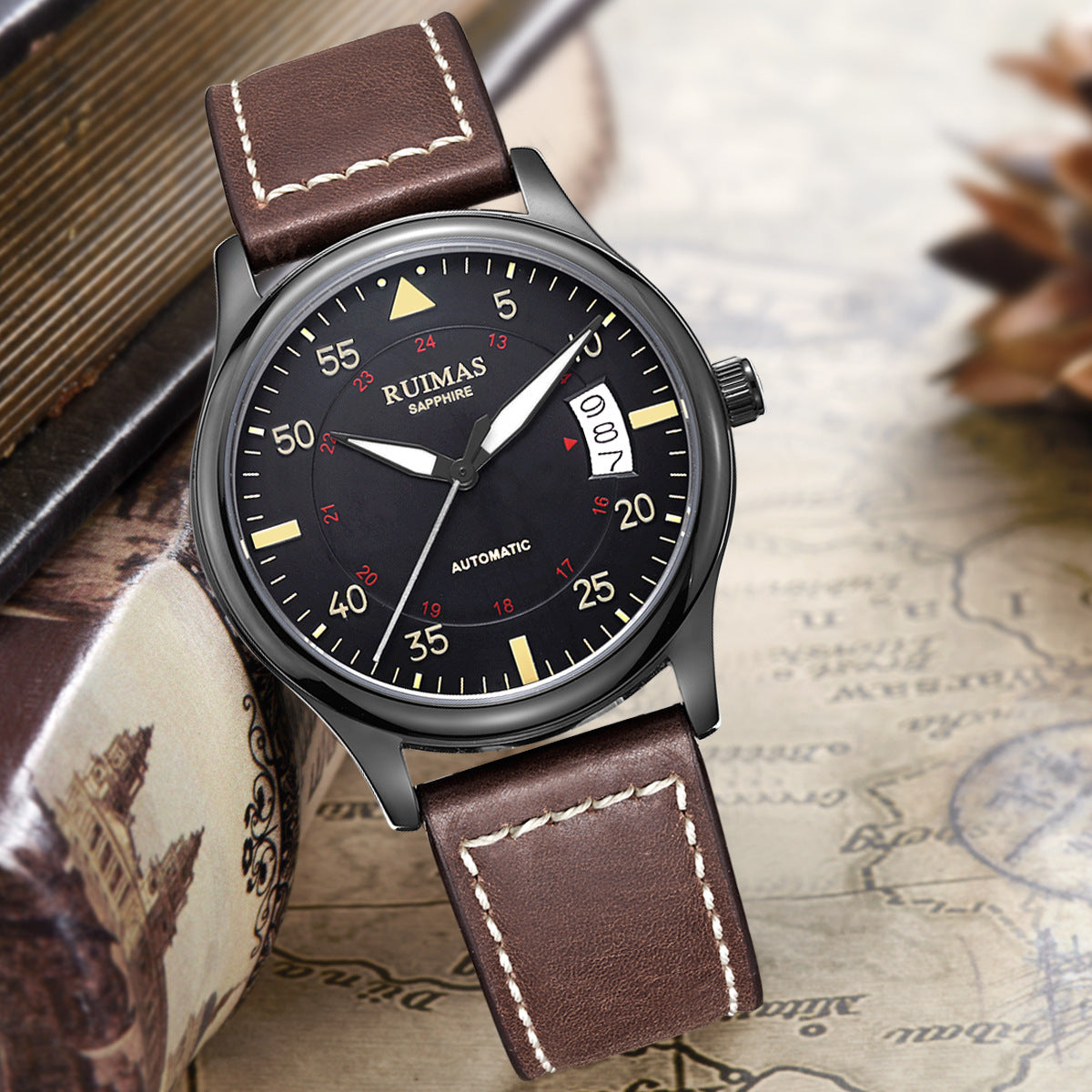 RUIMAS Men Watches Fashion Automatic Mechanical Watch Date Waterproof Business Clock Leather Strap Wristwatch 6725-3