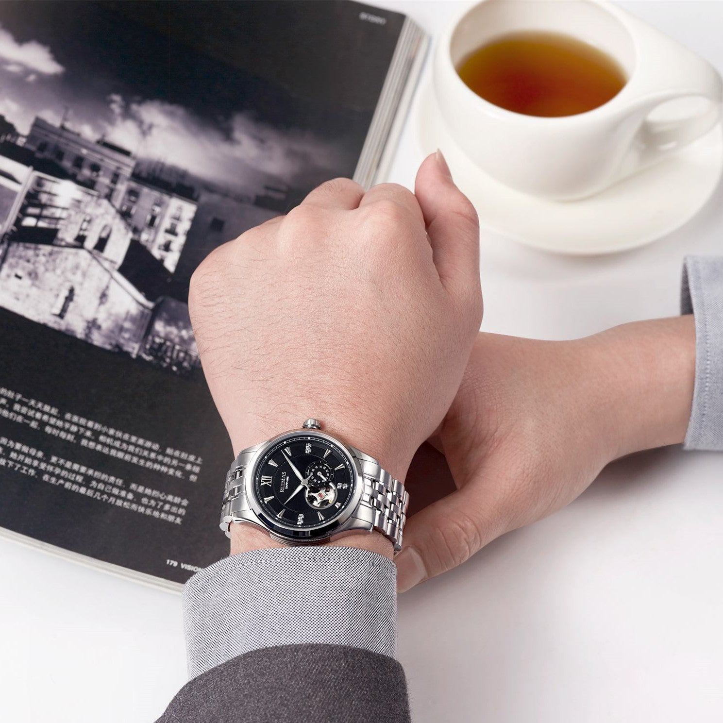 RUIMAS Luxury Men Mechanical Watches Sapphire Glass Stainless Steel Bracelet Business Casual WristWatch Clock Montre Homme-4