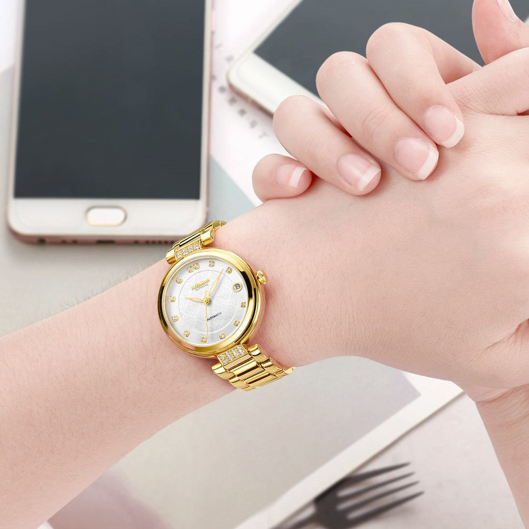 RUIMAS Women Automatic Mechanical Watch Steel Strap Ladies Business Wrist Watch Fashion Waterproof Date Clock Montre Femme 6756-3