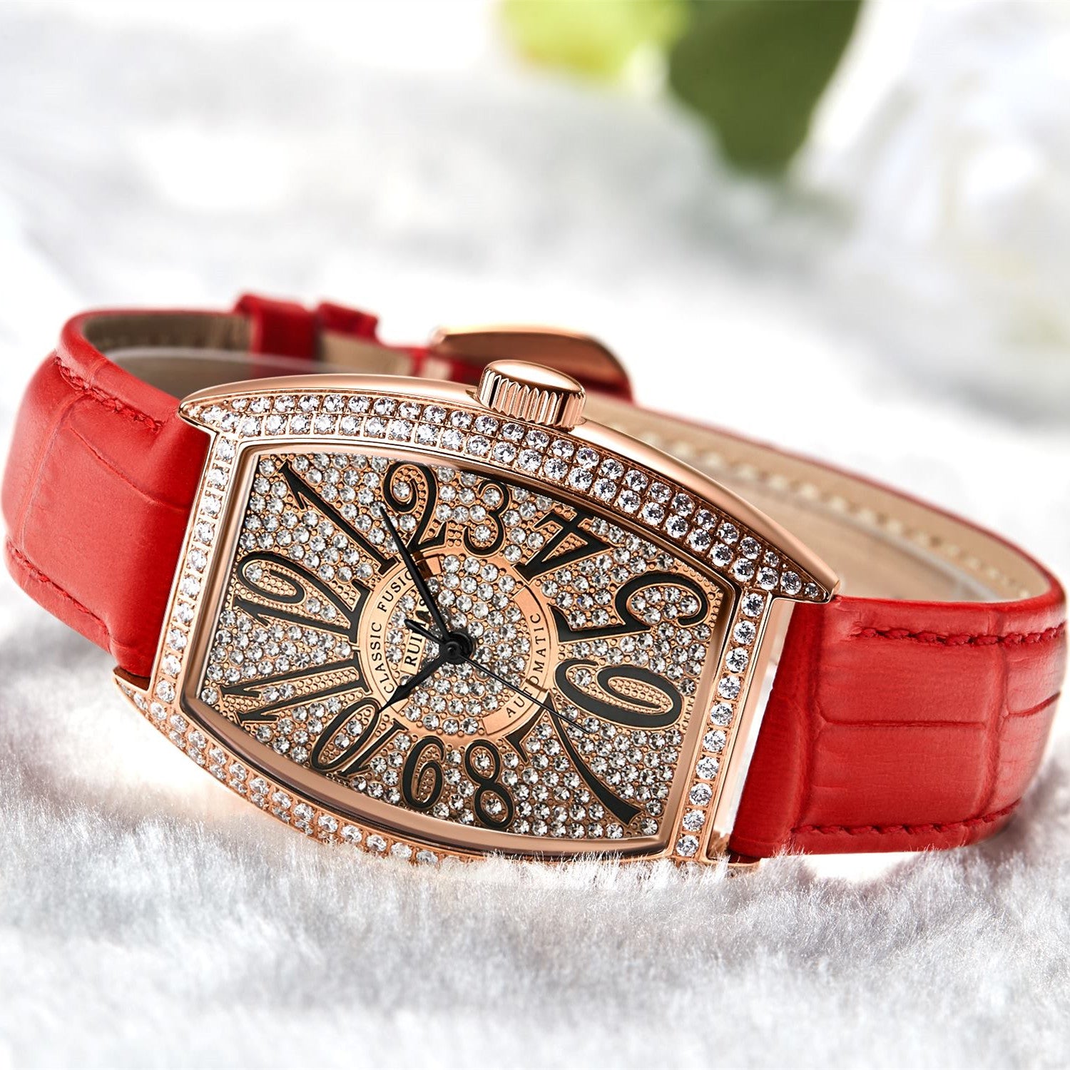 RUIMAS Luxury Diamond Women Automatic Mechanical Watches Waterproof Elegant Ladies Wrist Watch Clock Leather Reloj Mujer 6757-5
