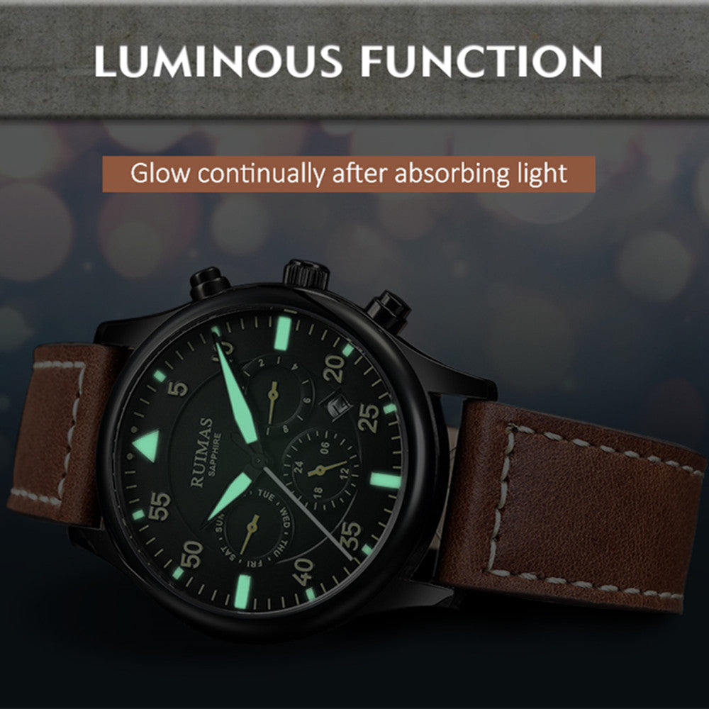 RUIMAS Men Mechanical Watches Fashion Leather Strap Sapphire Automatic Movement Wristwatch Luminous Clock Male Date Week Display 6769-5