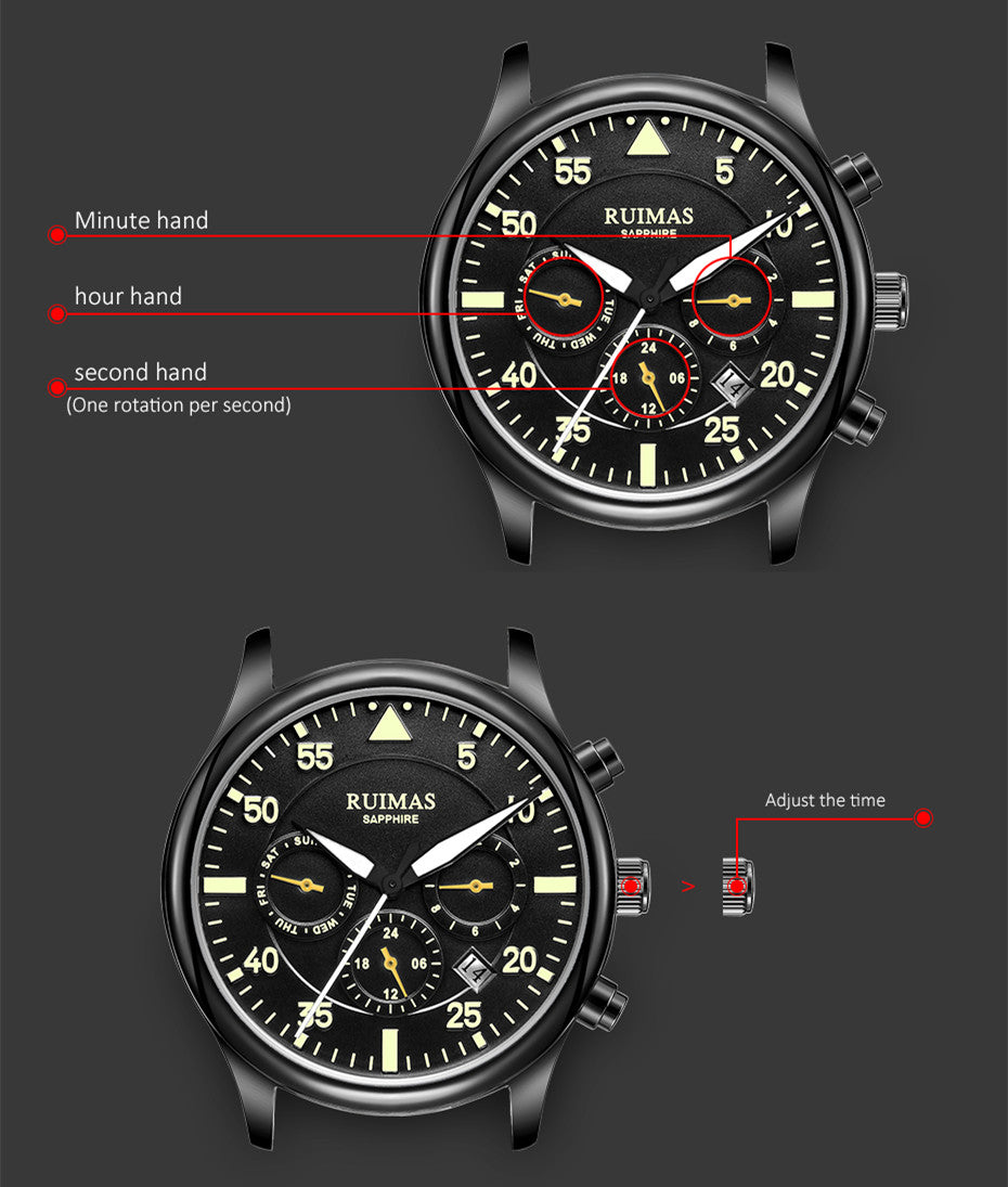 RUIMAS Men Mechanical Watches Fashion Leather Strap Sapphire Automatic Movement Wristwatch Luminous Clock Male Date Week Display 6769-6