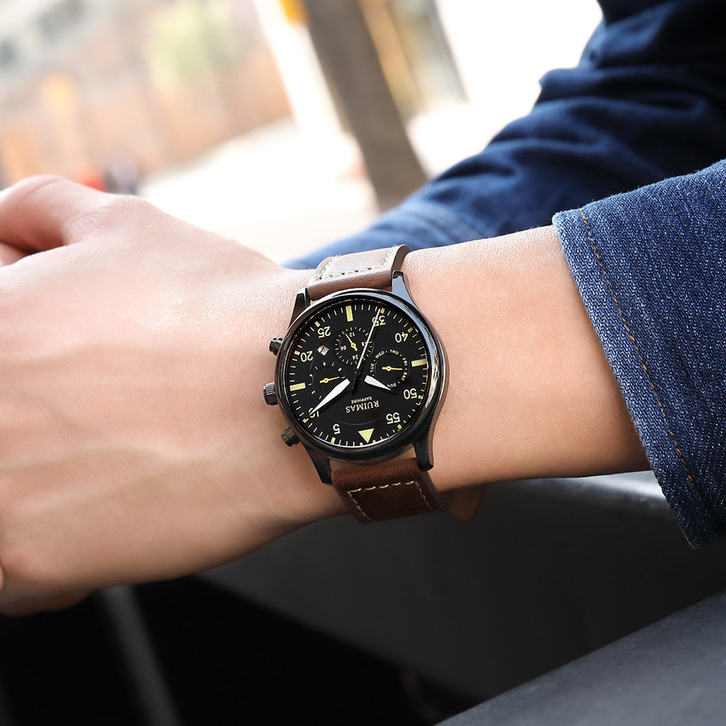 RUIMAS Men Mechanical Watches Fashion Leather Strap Sapphire Automatic Movement Wristwatch Luminous Clock Male Date Week Display 6769-2