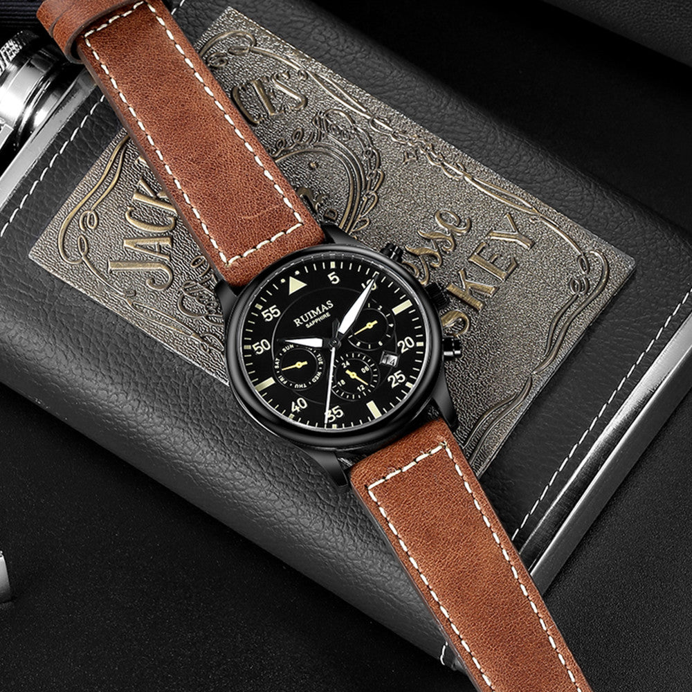 RUIMAS Men Mechanical Watches Fashion Leather Strap Sapphire Automatic Movement Wristwatch Luminous Clock Male Date Week Display 6769-9