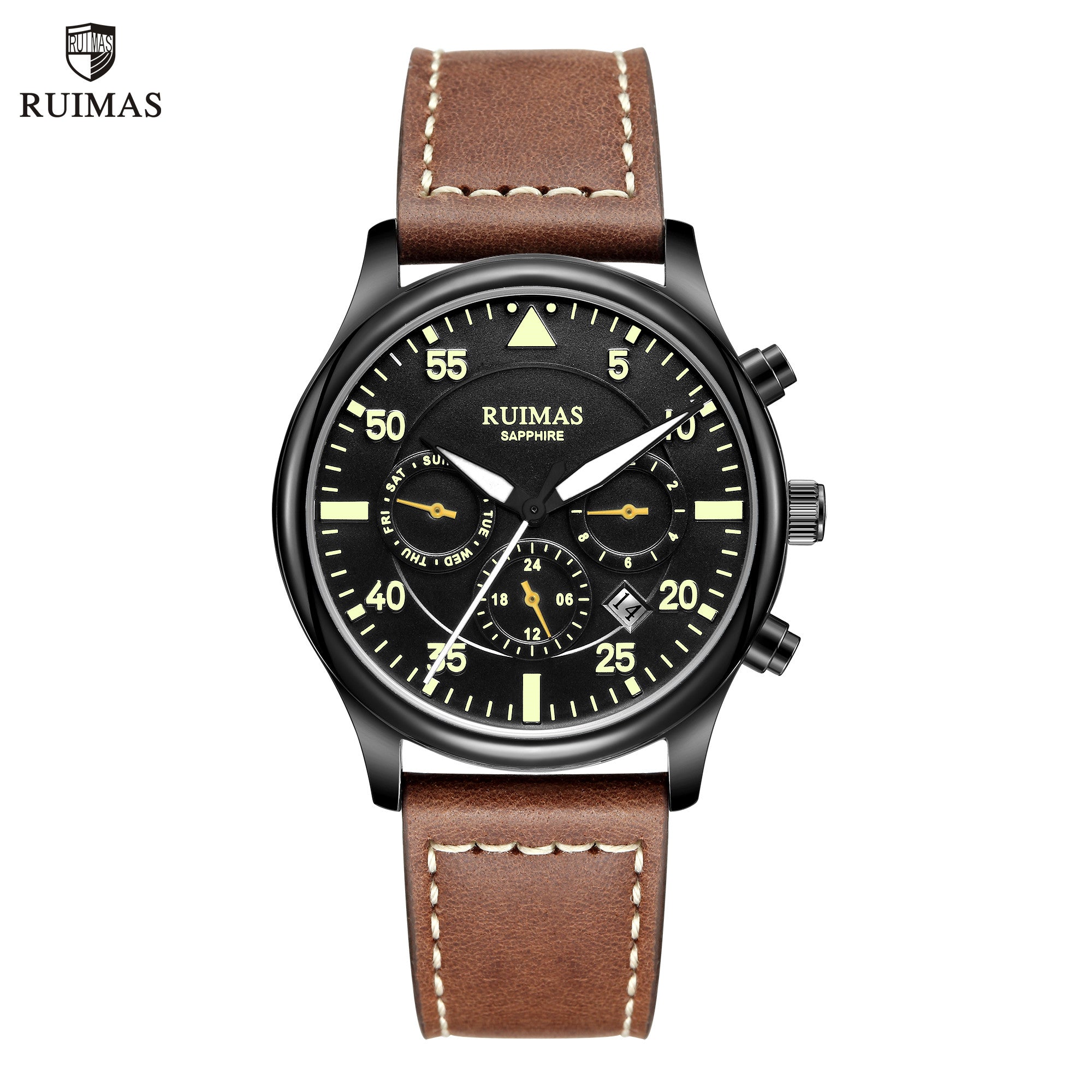 RUIMAS Men Mechanical Watches Fashion Leather Strap Sapphire Automatic Movement Wristwatch Luminous Clock Male Date Week Display 6769-0