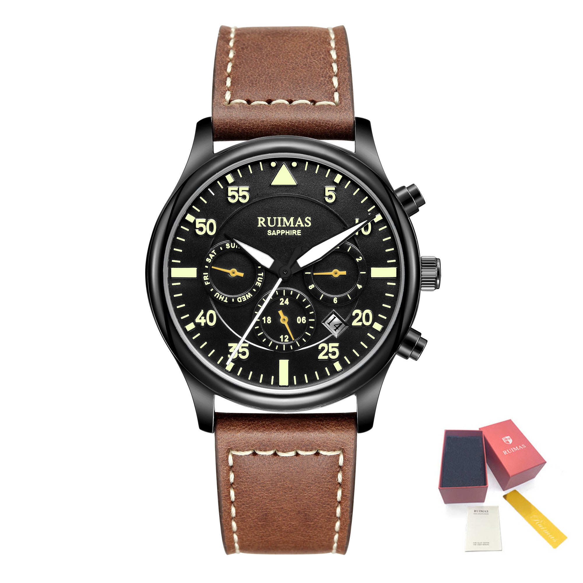 RUIMAS Men Mechanical Watches Fashion Leather Strap Sapphire Automatic Movement Wristwatch Luminous Clock Male Date Week Display 6769-11