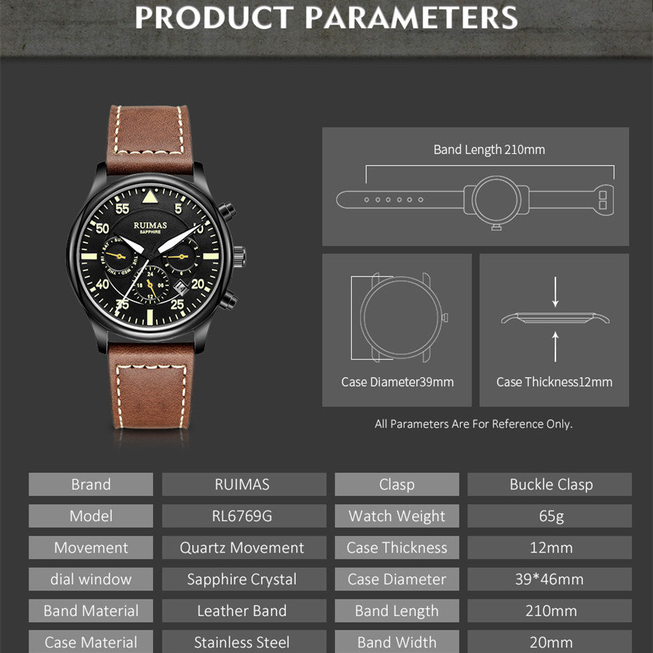 RUIMAS Men Mechanical Watches Fashion Leather Strap Sapphire Automatic Movement Wristwatch Luminous Clock Male Date Week Display 6769-4