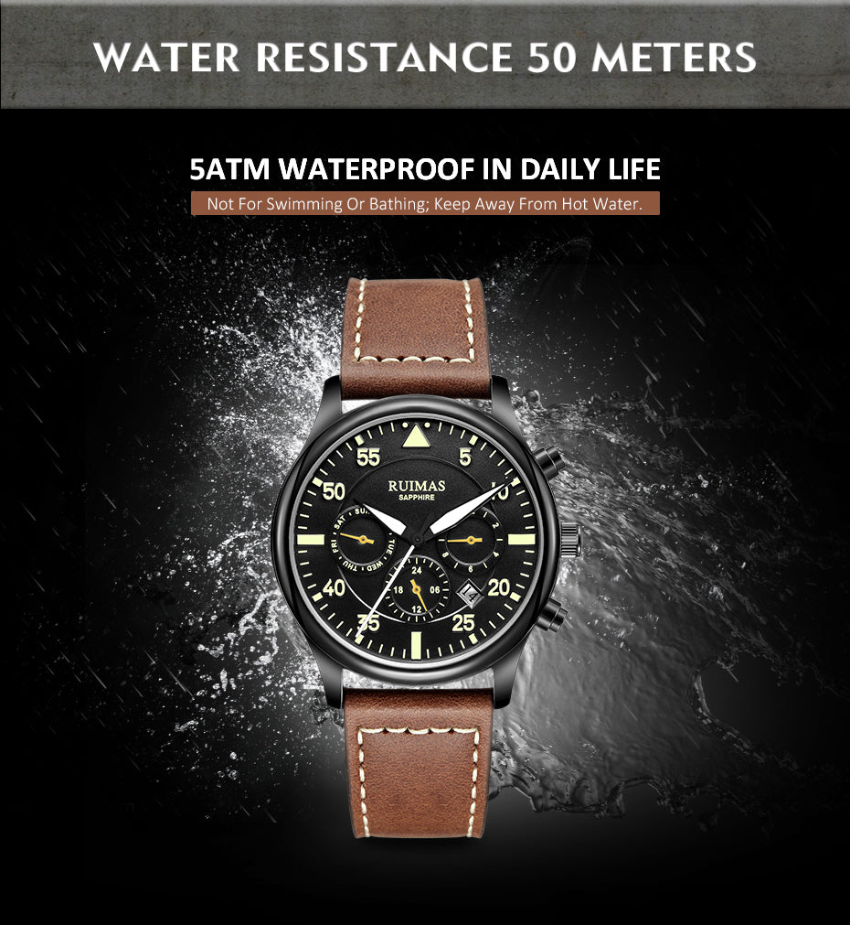RUIMAS Men Mechanical Watches Fashion Leather Strap Sapphire Automatic Movement Wristwatch Luminous Clock Male Date Week Display 6769-7