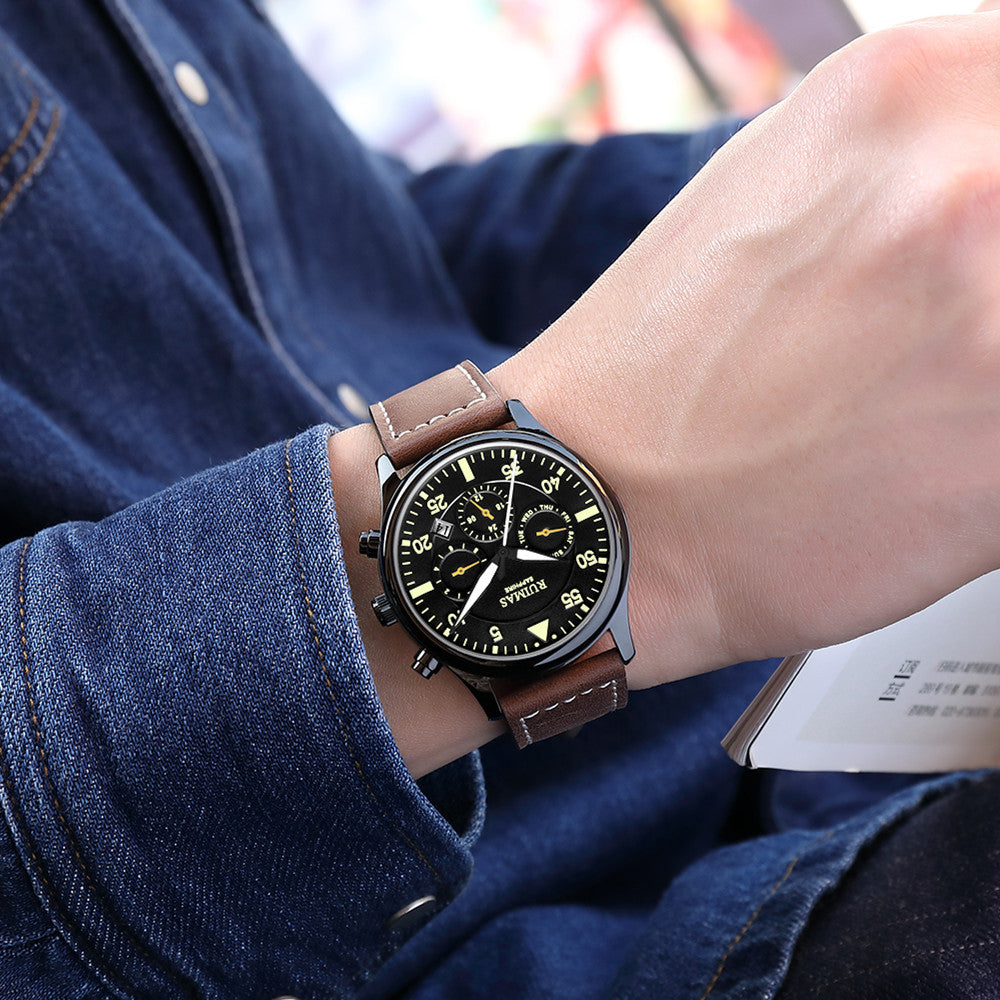 RUIMAS Men Mechanical Watches Fashion Leather Strap Sapphire Automatic Movement Wristwatch Luminous Clock Male Date Week Display 6769-1