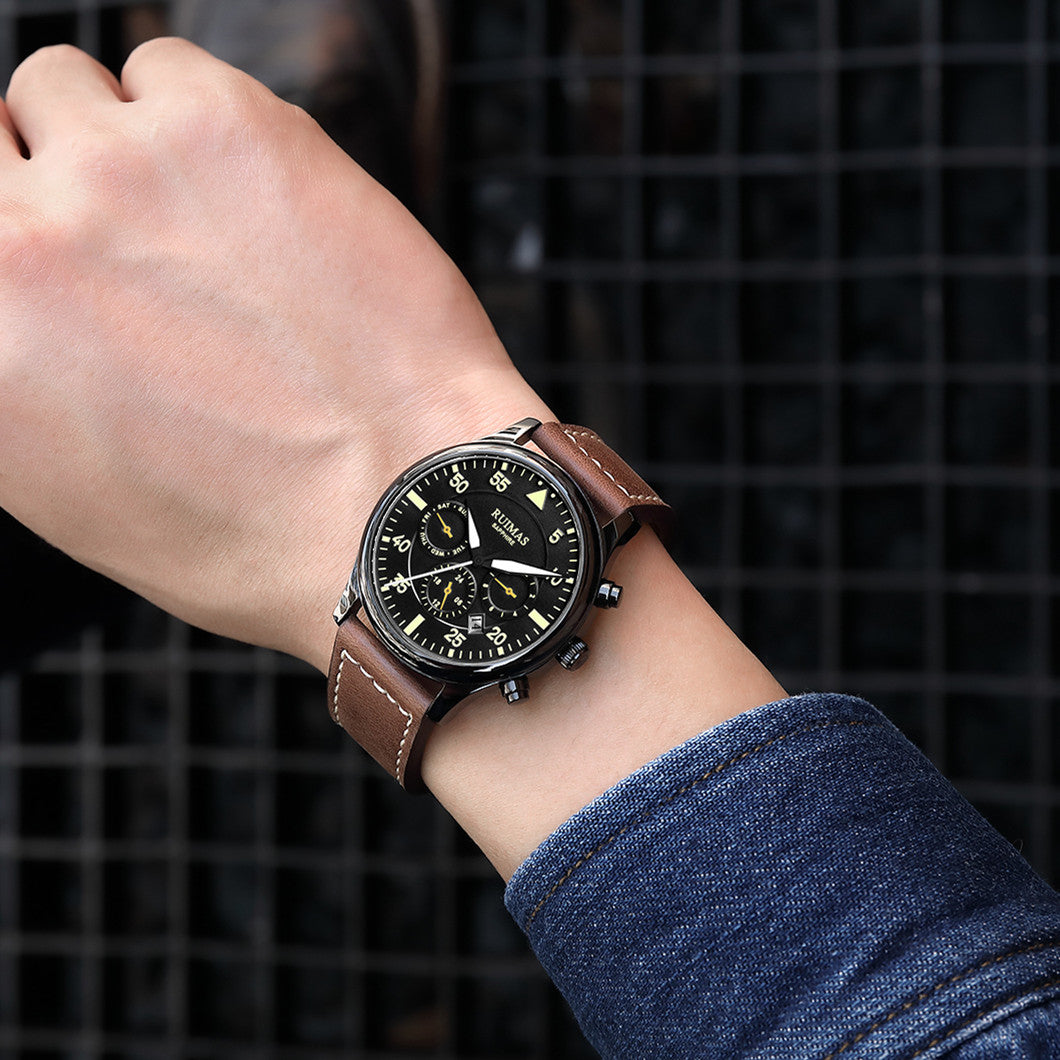 RUIMAS Men Mechanical Watches Fashion Leather Strap Sapphire Automatic Movement Wristwatch Luminous Clock Male Date Week Display 6769-3