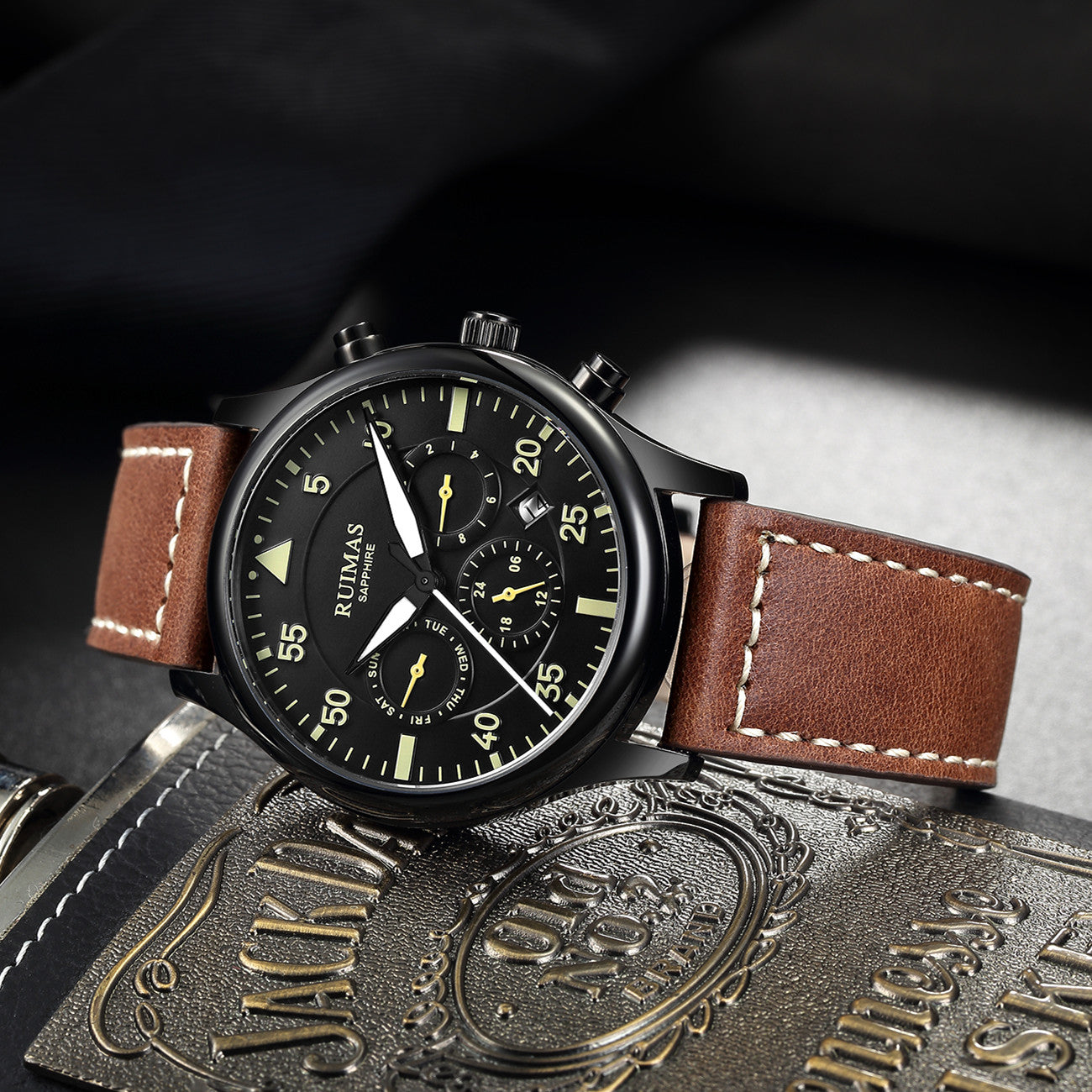 RUIMAS Men Mechanical Watches Fashion Leather Strap Sapphire Automatic Movement Wristwatch Luminous Clock Male Date Week Display 6769-8