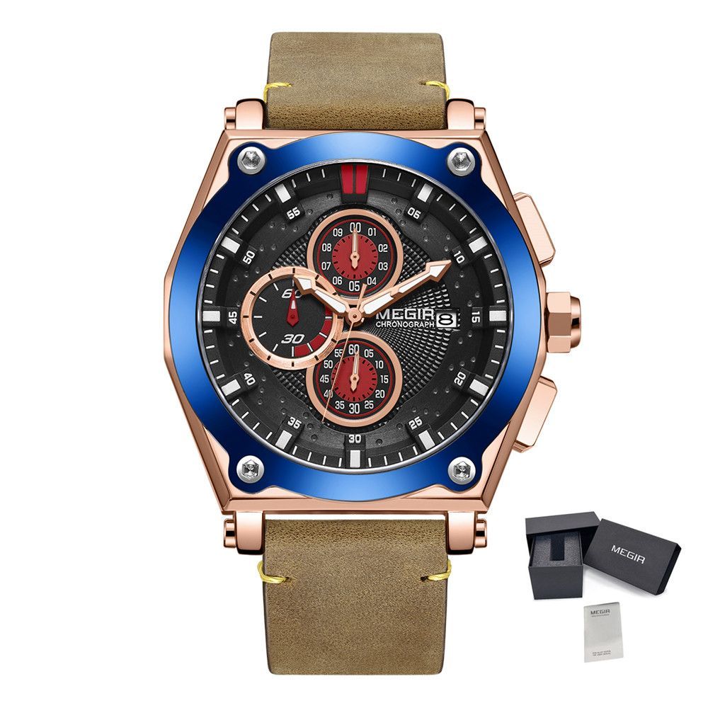 MEGIR Blue Quartz Men Watches Top Brand Leather Strap Chronograph Sport Wrist Watch Men Clock Relogio Masculino Reloj Hombre-13