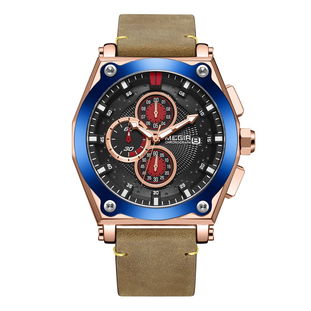 MEGIR Blue Quartz Men Watches Top Brand Leather Strap Chronograph Sport Wrist Watch Men Clock Relogio Masculino Reloj Hombre-7