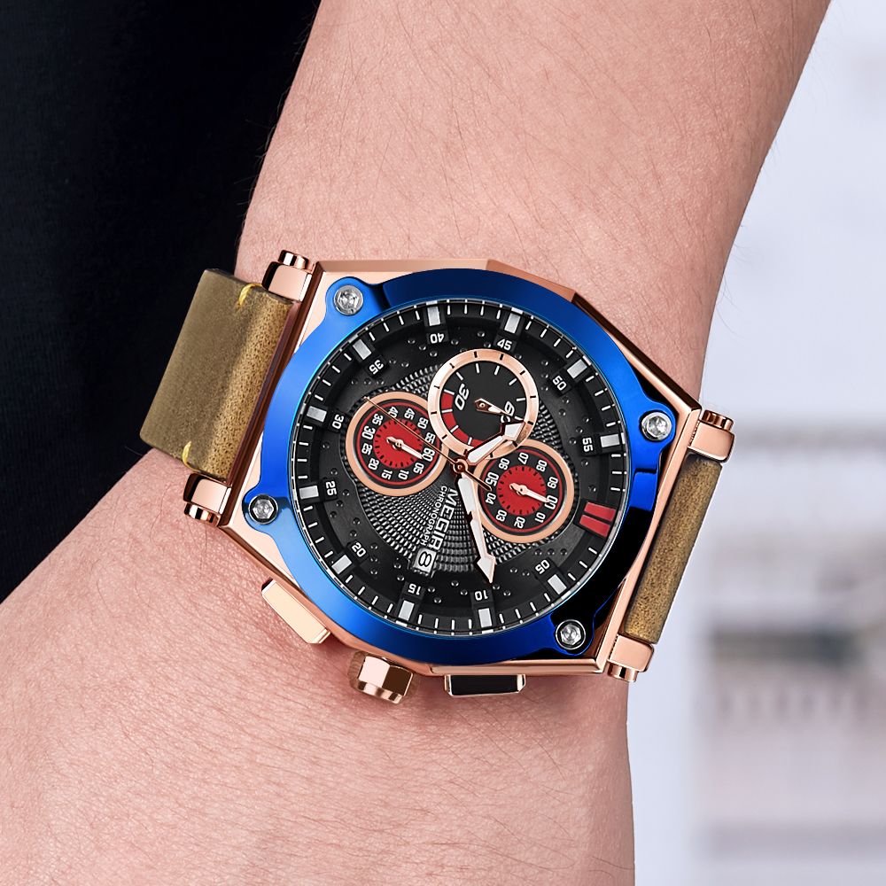 MEGIR Blue Quartz Men Watches Top Brand Leather Strap Chronograph Sport Wrist Watch Men Clock Relogio Masculino Reloj Hombre-3