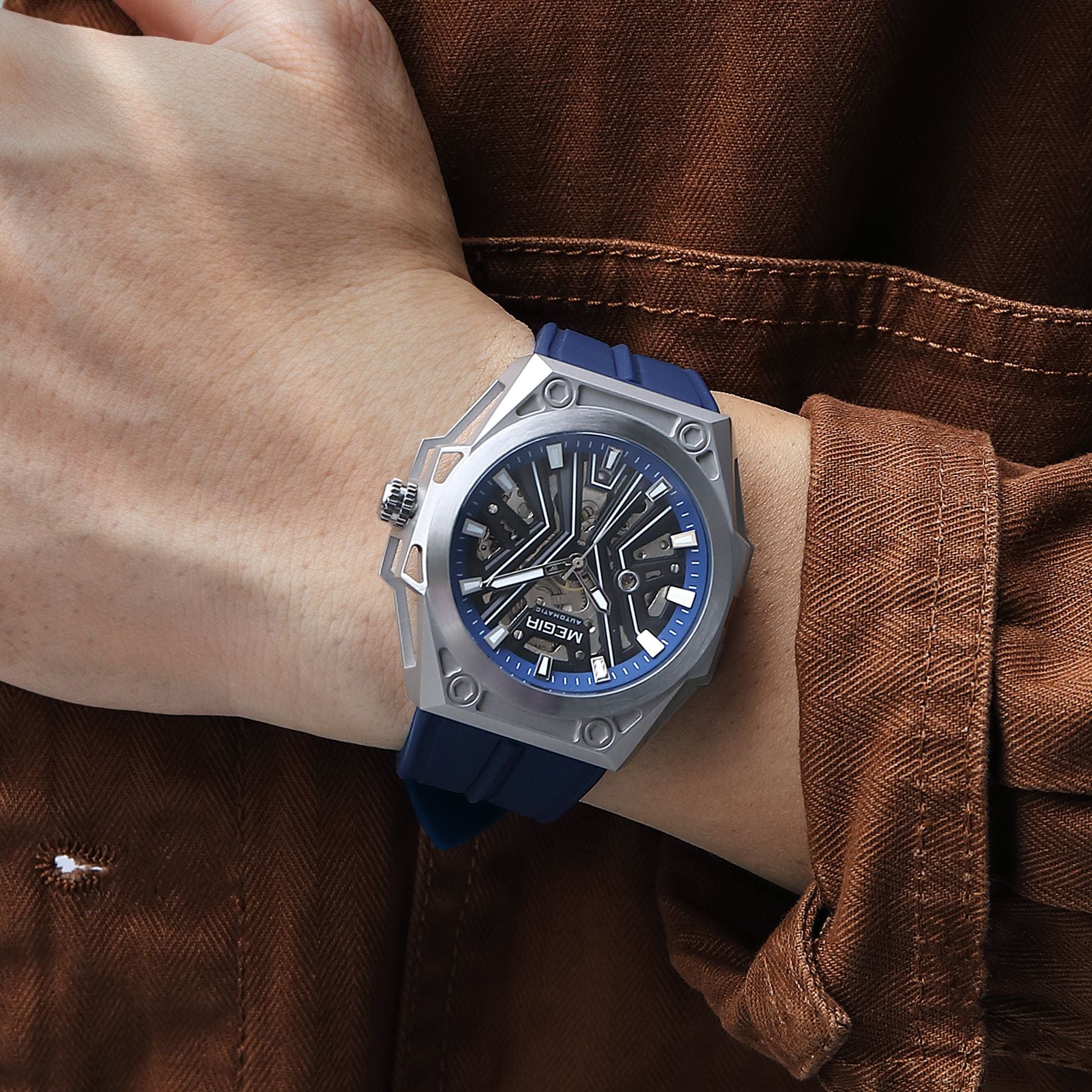 MEGIR Fashion Fully Automatic Mechanical Men's Watch Stainless Steel Case Sports Military Wristwatch Waterproof Watches Clock-1