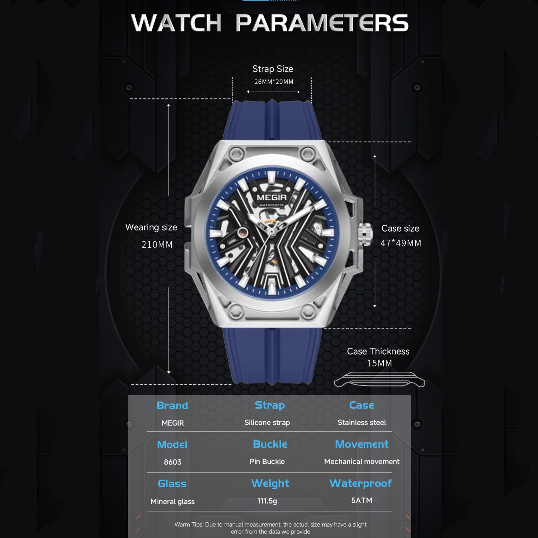 MEGIR Fashion Fully Automatic Mechanical Men's Watch Stainless Steel Case Sports Military Wristwatch Waterproof Watches Clock-5