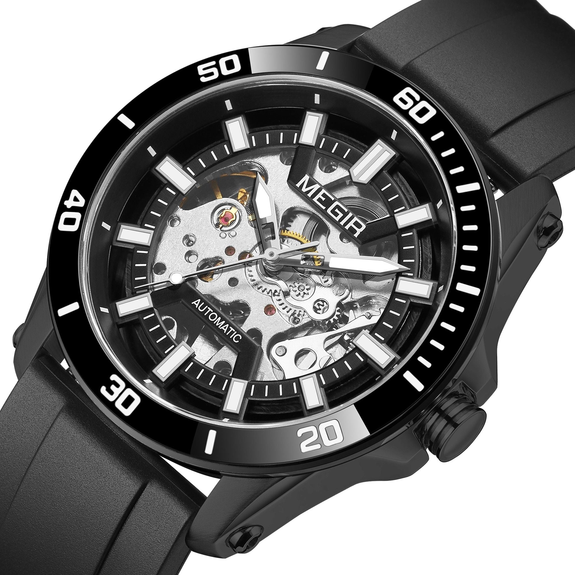 MEGIR Fashion Hollow Out Mechanical Watch for Men Stainless Steel Case Sapphire Full Automatic Wristwatch Relogio Masculino 8605-12