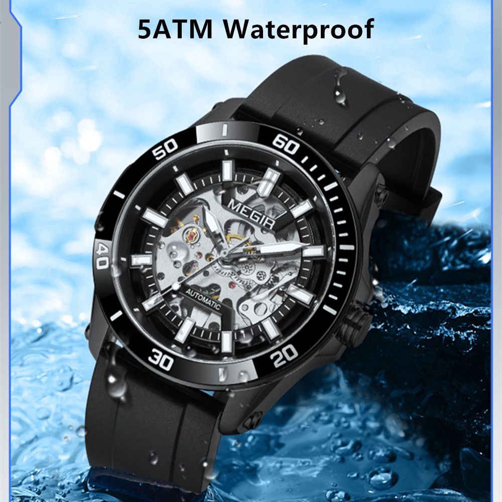 MEGIR Fashion Hollow Out Mechanical Watch for Men Stainless Steel Case Sapphire Full Automatic Wristwatch Relogio Masculino 8605-7