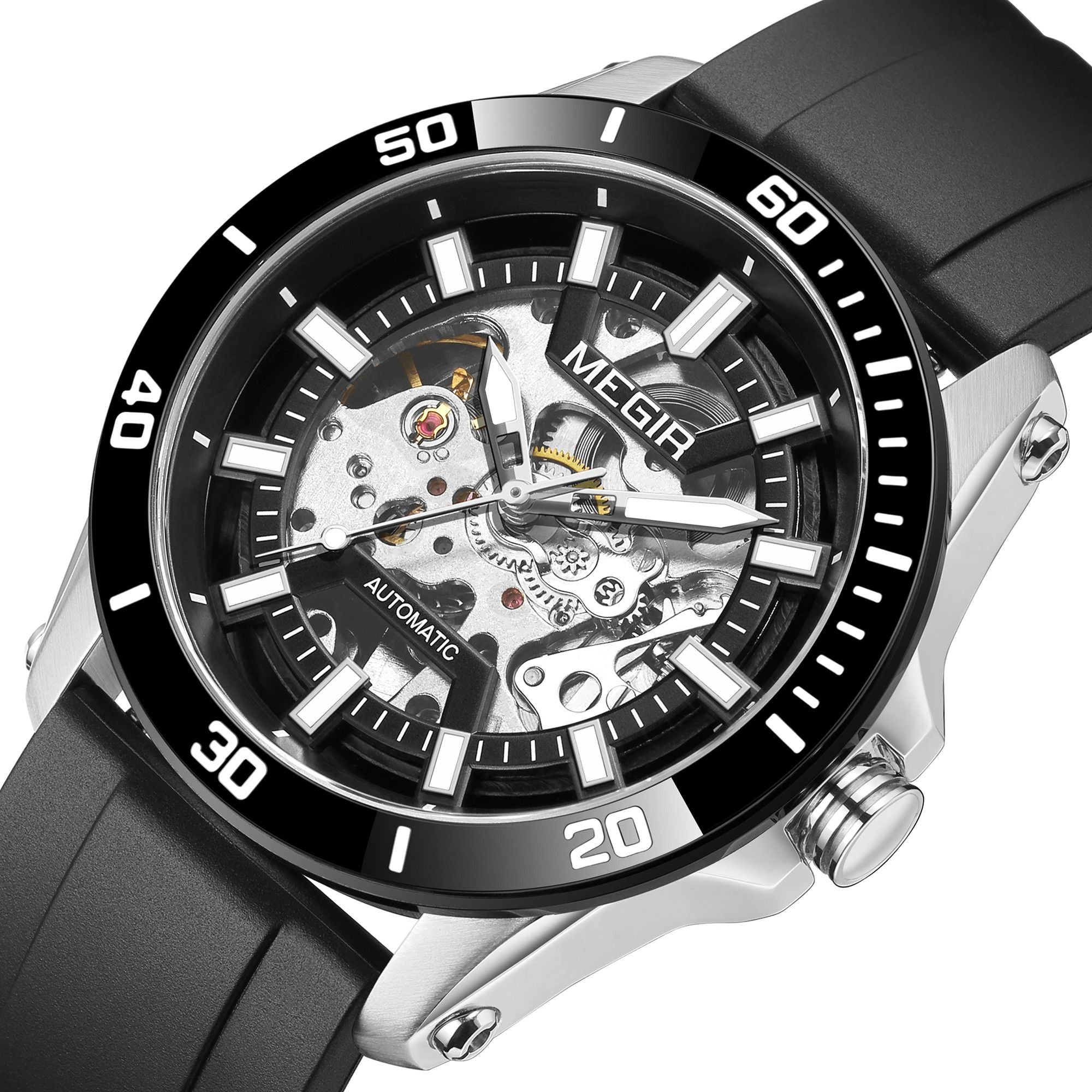 MEGIR Fashion Hollow Out Mechanical Watch for Men Stainless Steel Case Sapphire Full Automatic Wristwatch Relogio Masculino 8605-13