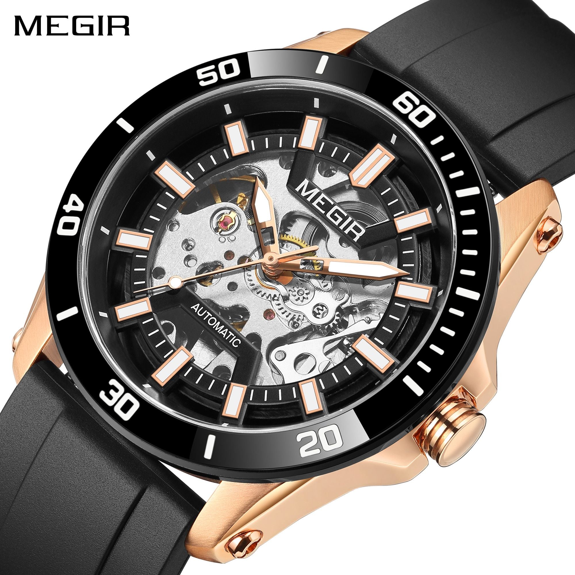 MEGIR Fashion Hollow Out Mechanical Watch for Men Stainless Steel Case Sapphire Full Automatic Wristwatch Relogio Masculino 8605-0