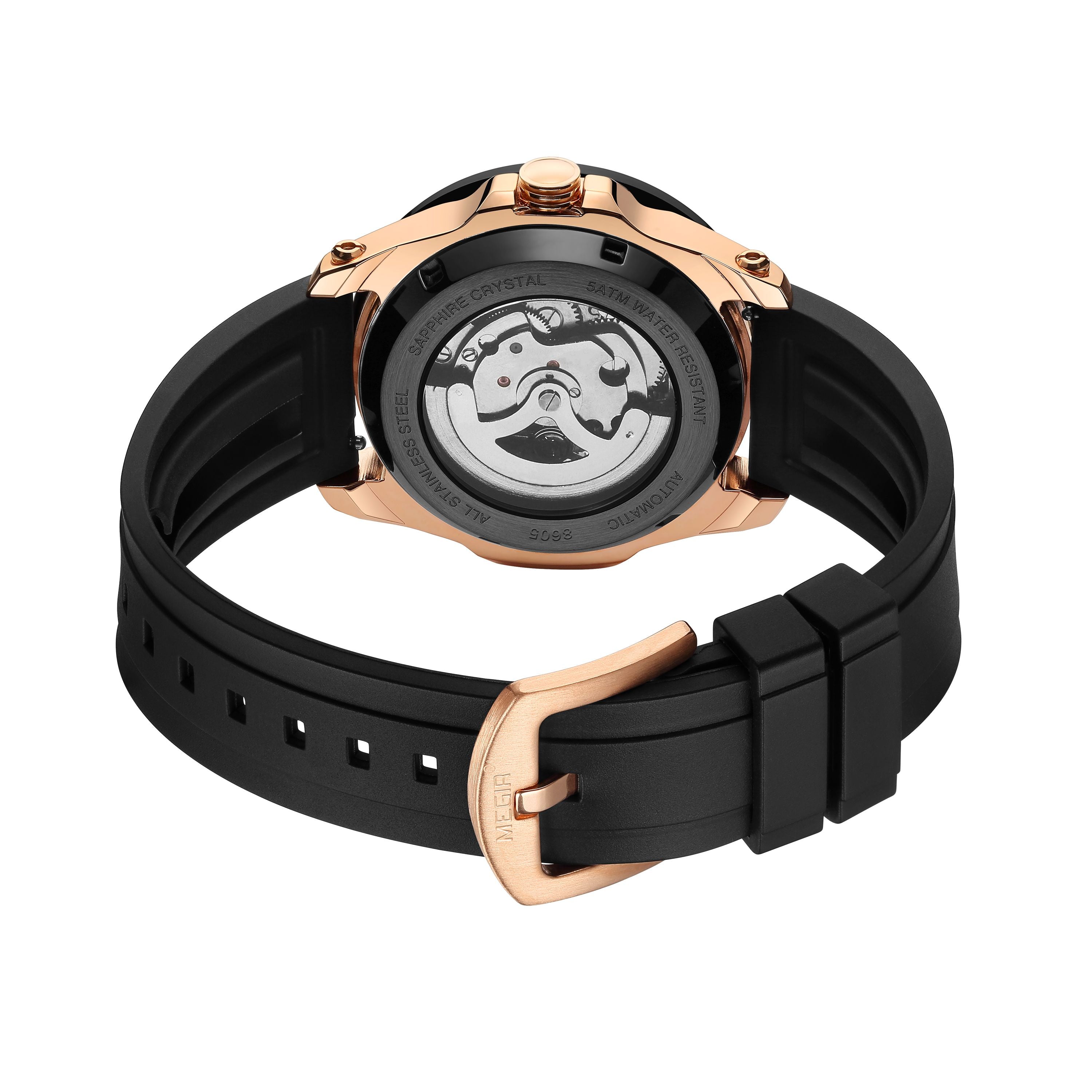 MEGIR Fashion Hollow Out Mechanical Watch for Men Stainless Steel Case Sapphire Full Automatic Wristwatch Relogio Masculino 8605-14