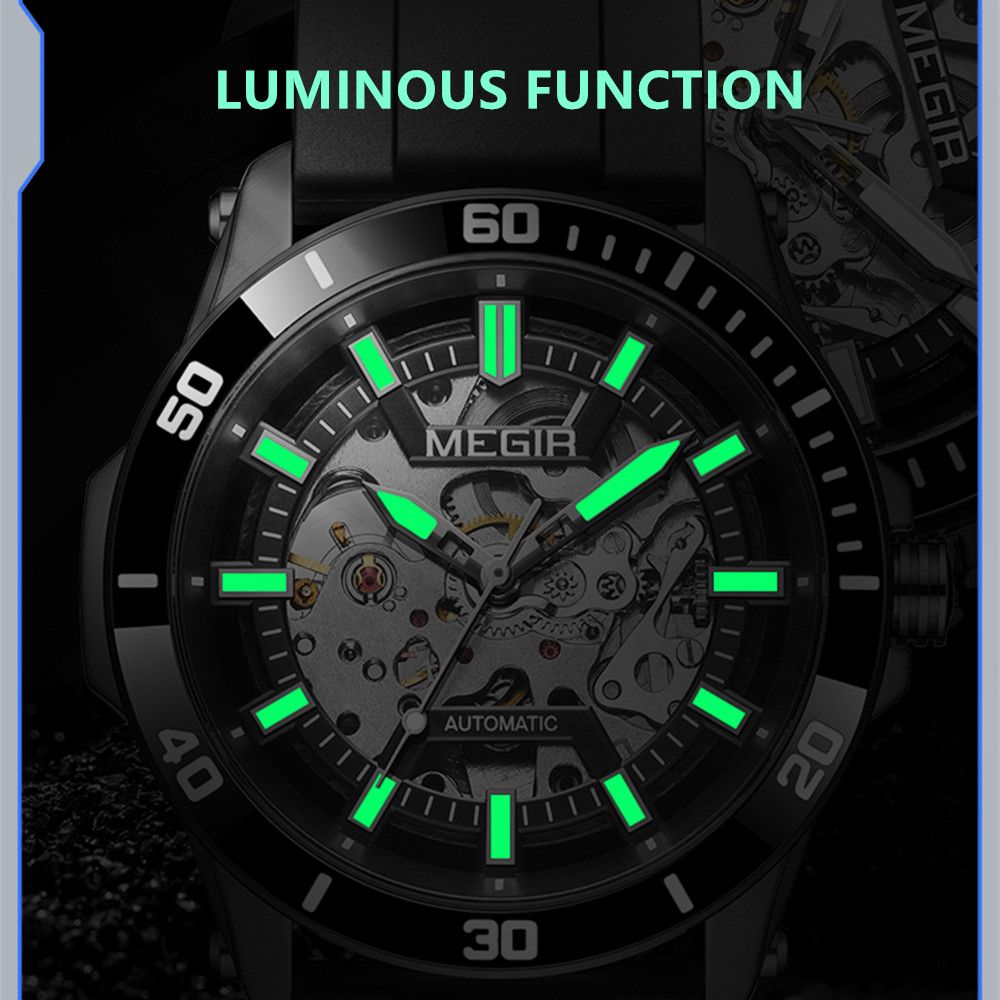 MEGIR Fashion Hollow Out Mechanical Watch for Men Stainless Steel Case Sapphire Full Automatic Wristwatch Relogio Masculino 8605-6