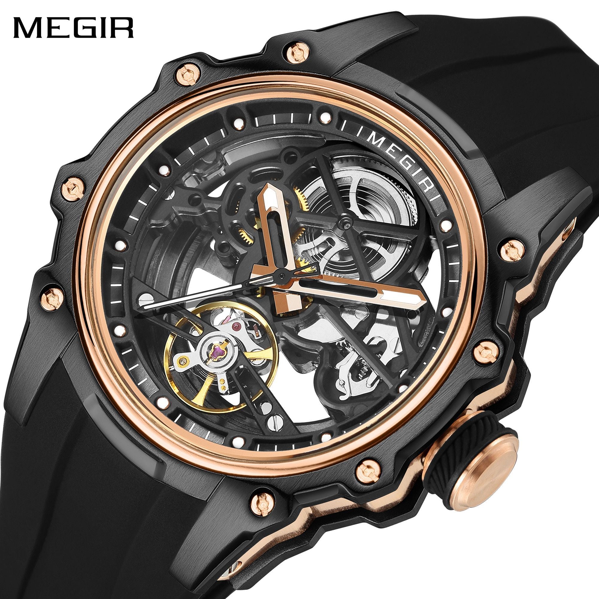 MEGIR Fashion Men's Full Automatic Watches Hollow Out Luminous Sports Mechanical Watch Waterproof Wristwatches Reloj Hombre 2243-0
