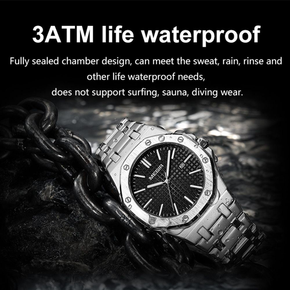 MEGIR Stainless Steel Bracelet Watch for Men Luxury Business Calendar Watches Waterproof Quartz Wristwatch Men Gift Clock 1085-6