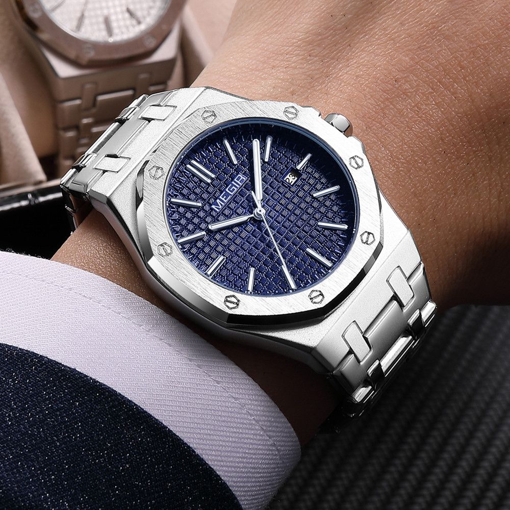 MEGIR Stainless Steel Bracelet Watch for Men Luxury Business Calendar Watches Waterproof Quartz Wristwatch Men Gift Clock 1085-1