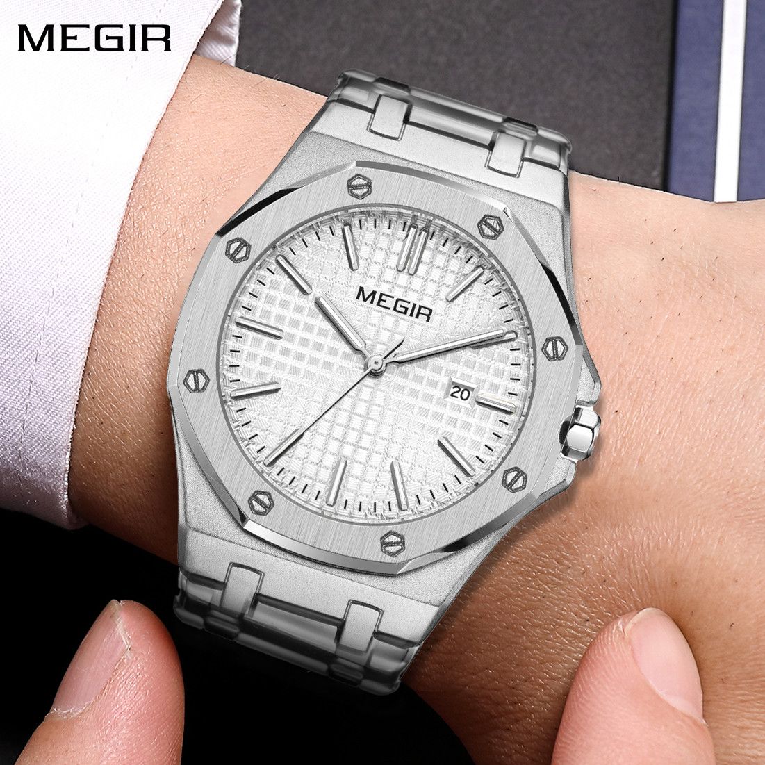 MEGIR Stainless Steel Bracelet Watch for Men Luxury Business Calendar Watches Waterproof Quartz Wristwatch Men Gift Clock 1085-0