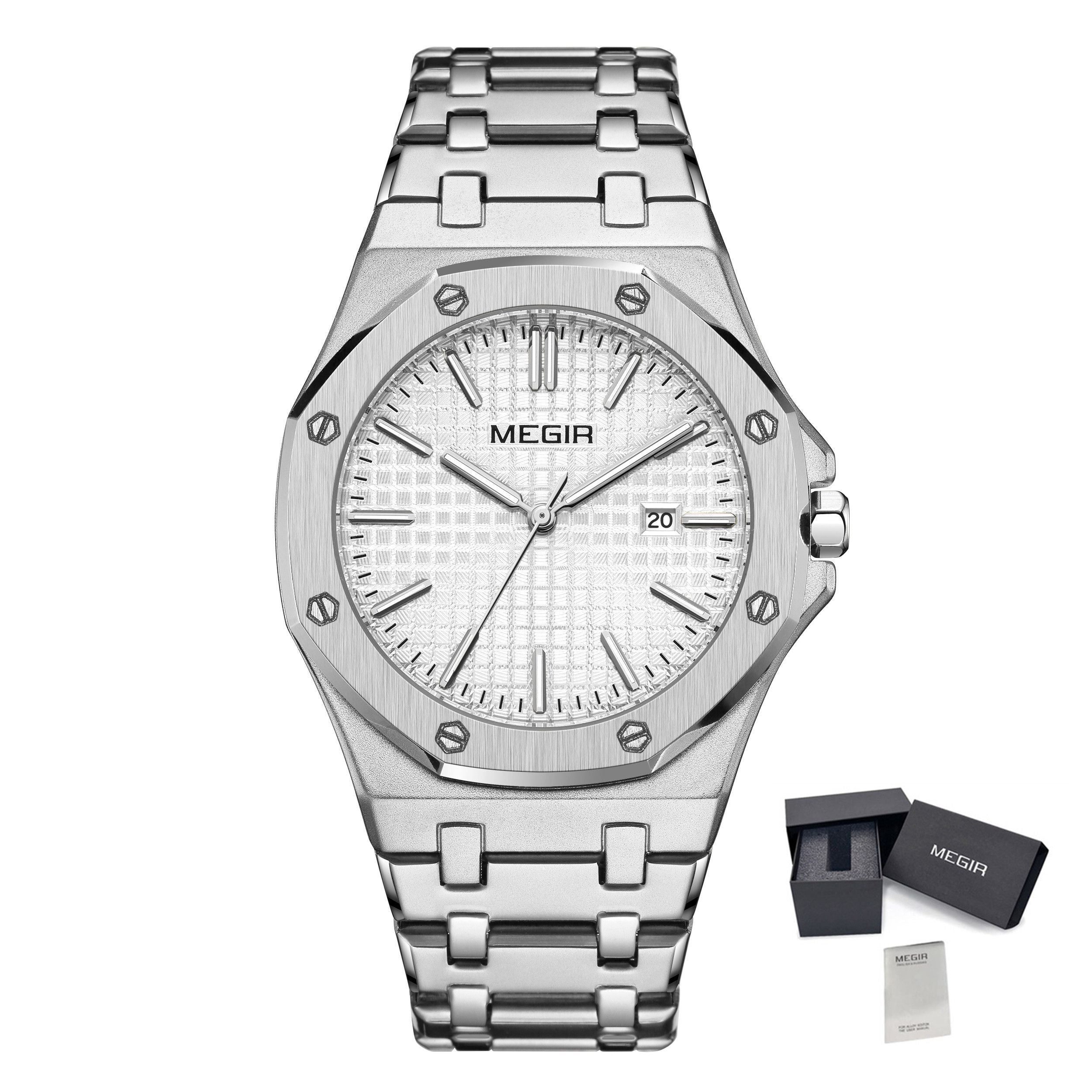 MEGIR Stainless Steel Bracelet Watch for Men Luxury Business Calendar Watches Waterproof Quartz Wristwatch Men Gift Clock 1085-17