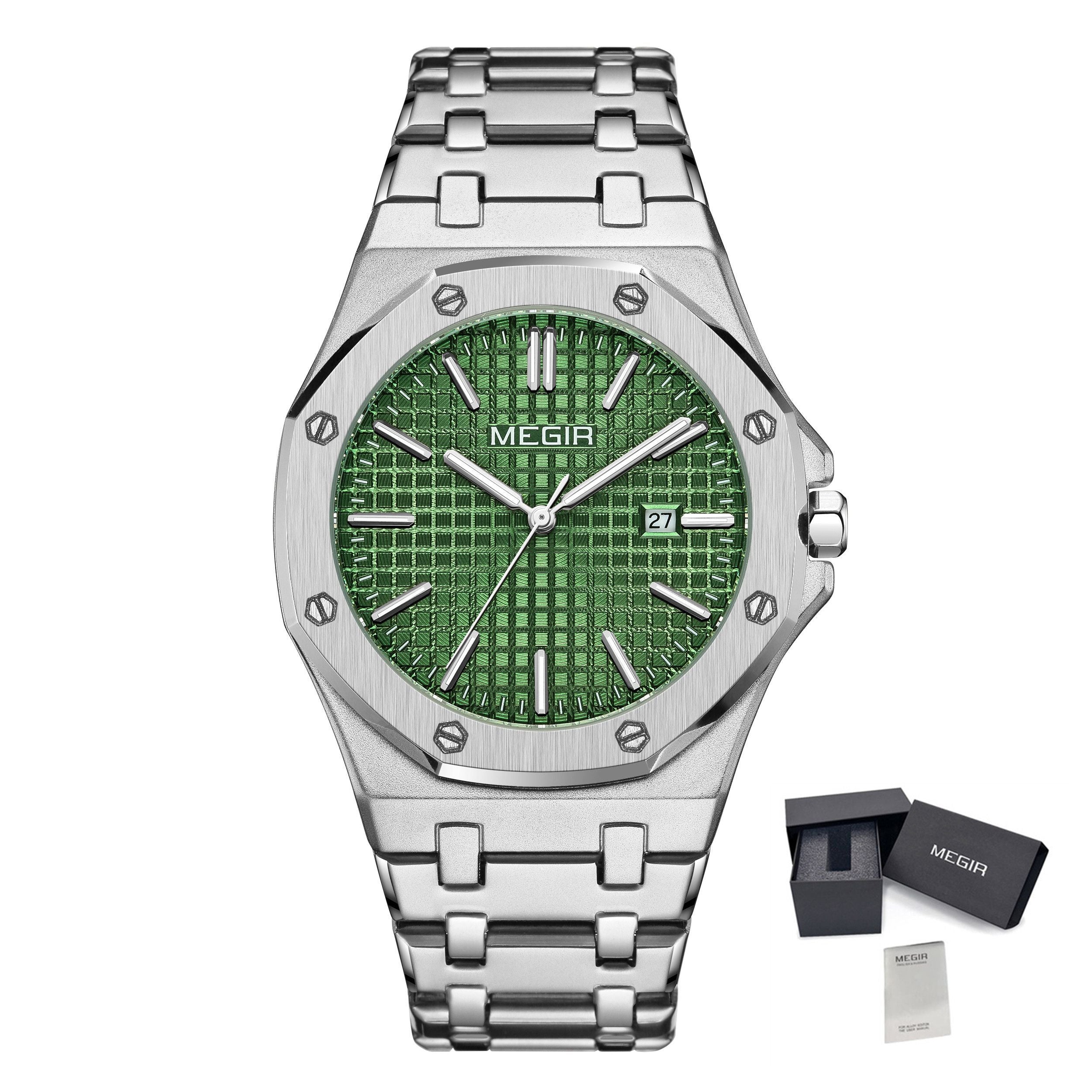 MEGIR Stainless Steel Bracelet Watch for Men Luxury Business Calendar Watches Waterproof Quartz Wristwatch Men Gift Clock 1085-16