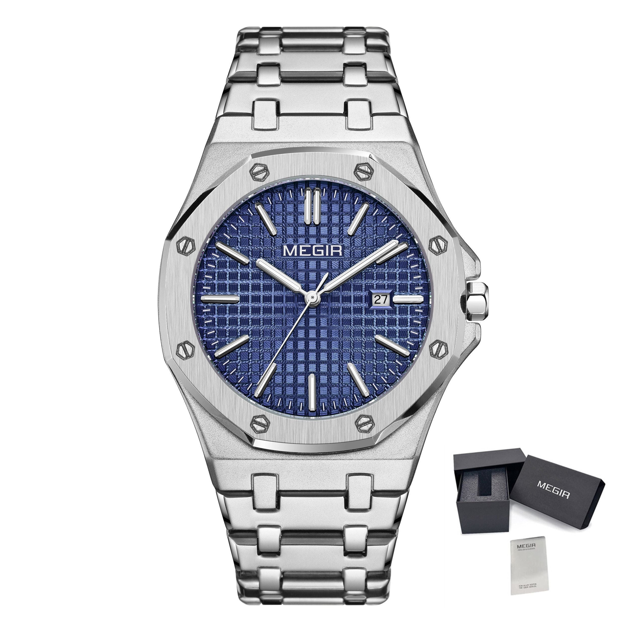 MEGIR Stainless Steel Bracelet Watch for Men Luxury Business Calendar Watches Waterproof Quartz Wristwatch Men Gift Clock 1085-15