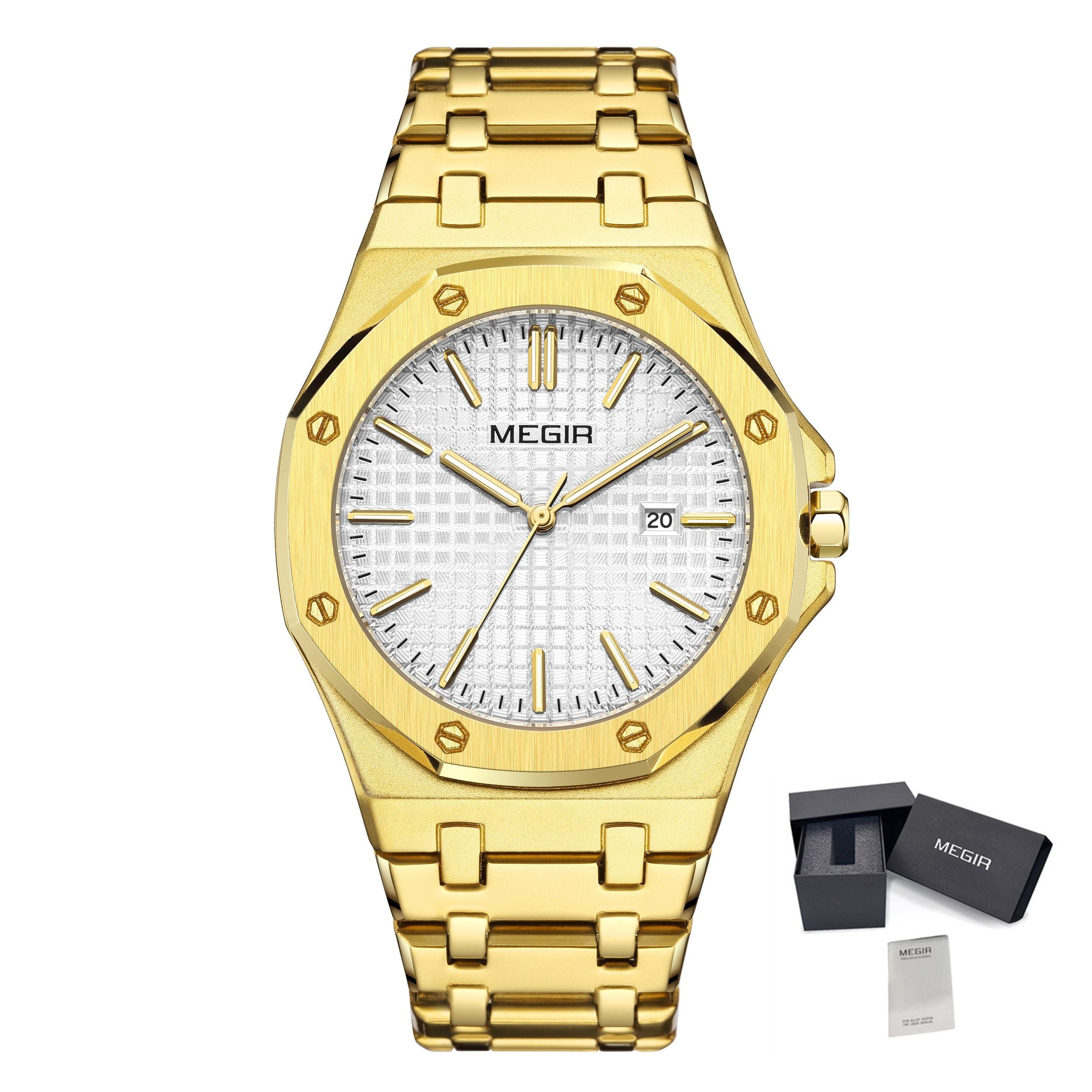 MEGIR Stainless Steel Bracelet Watch for Men Luxury Business Calendar Watches Waterproof Quartz Wristwatch Men Gift Clock 1085-14