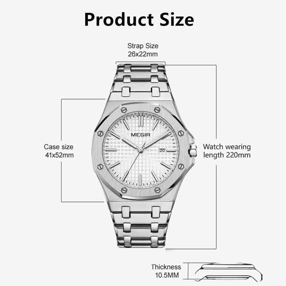 MEGIR Stainless Steel Bracelet Watch for Men Luxury Business Calendar Watches Waterproof Quartz Wristwatch Men Gift Clock 1085-5
